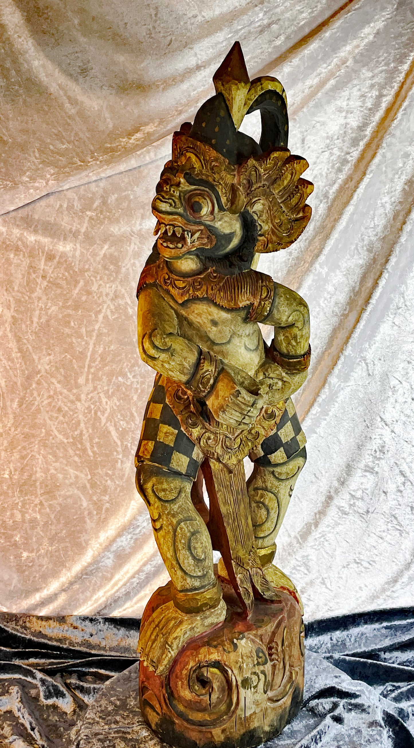 Full-length front view of the 75 cm hand-carved polychrome Hanuman statue, Bali Indonesia