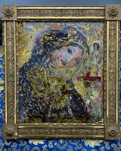 [SOLD] Unique Hand-Painted Glass Icon of the Virgin Mary with 24k Gold Leaf