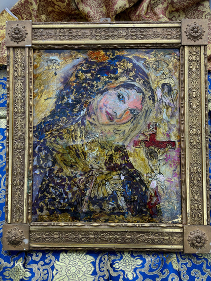 [SOLD] Unique Hand-Painted Glass Icon of the Virgin Mary with 24k Gold Leaf