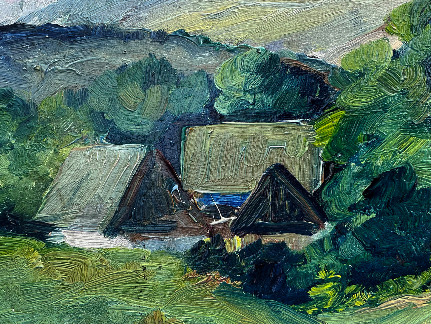 Close detail of the foreground timber cottages painted in thick textured oil