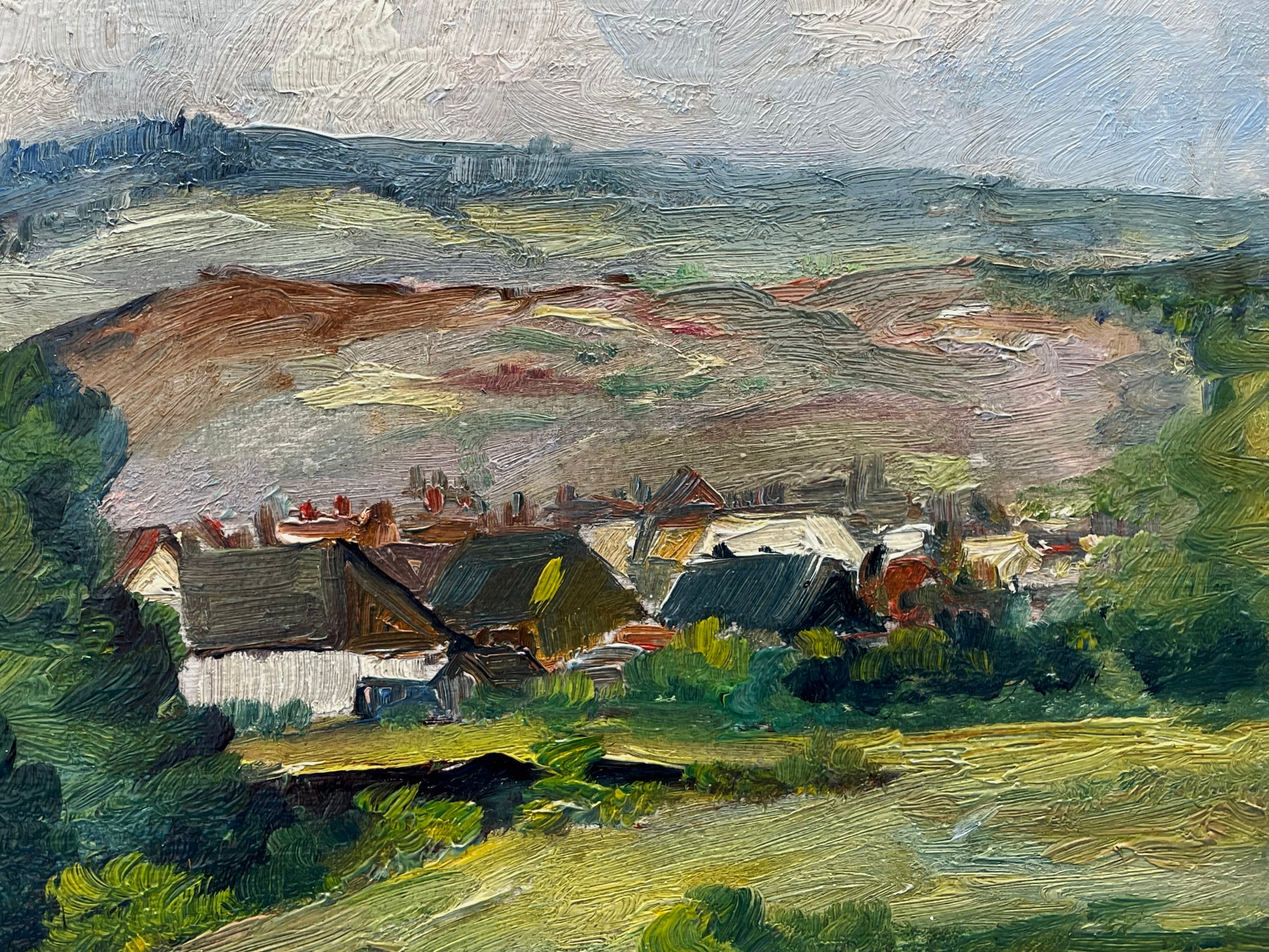 Detail of the painted distant village and hillside with loose impasto brushwork