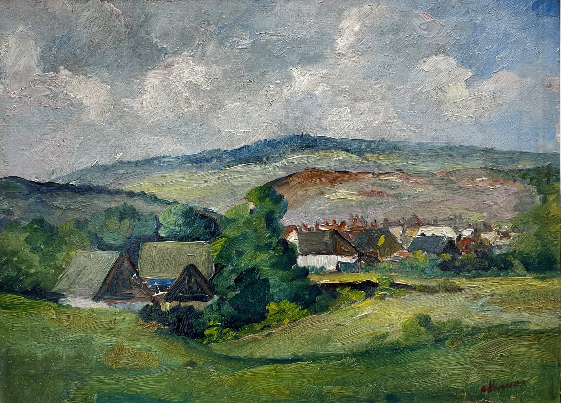 Romanian oil landscape painting without frame showing full valley composition and signature