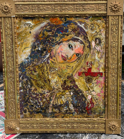 [SOLD] Unique Hand-Painted Glass Icon of the Virgin Mary with 24k Gold Leaf