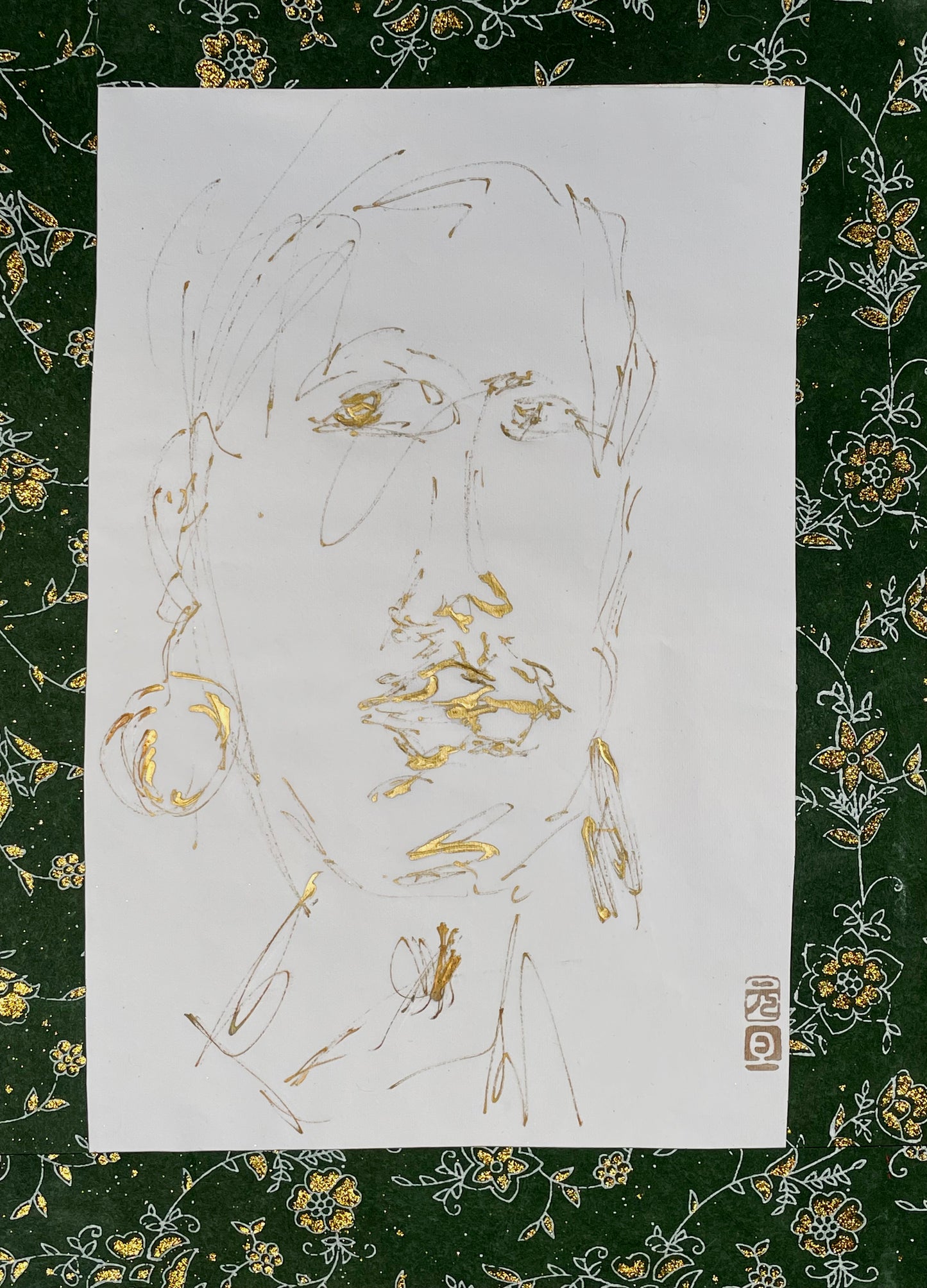 Gold-ink calligraphic portrait drawing, straight-on full view on green ground