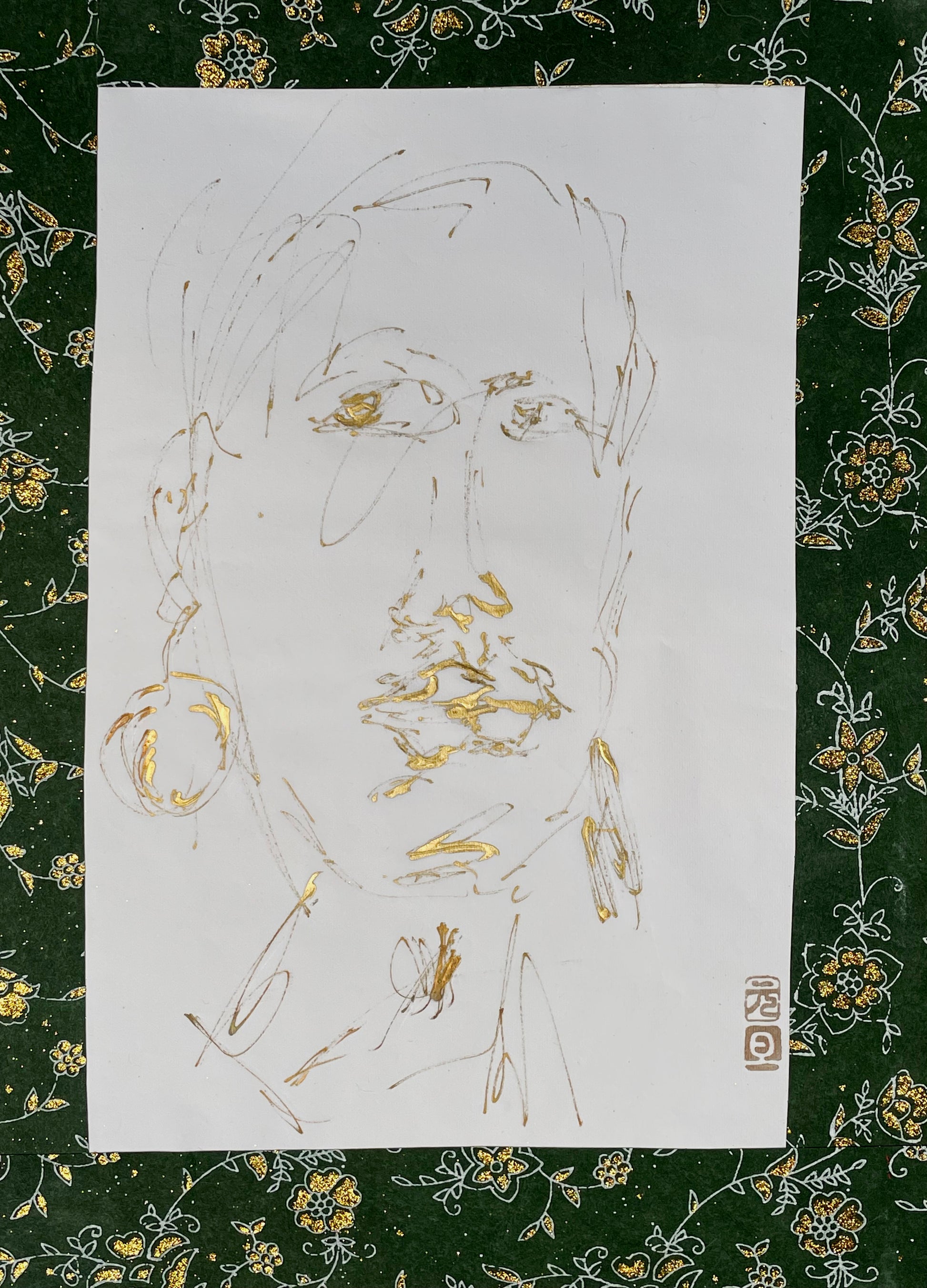 Gold-ink calligraphic portrait drawing, straight-on full view on green ground