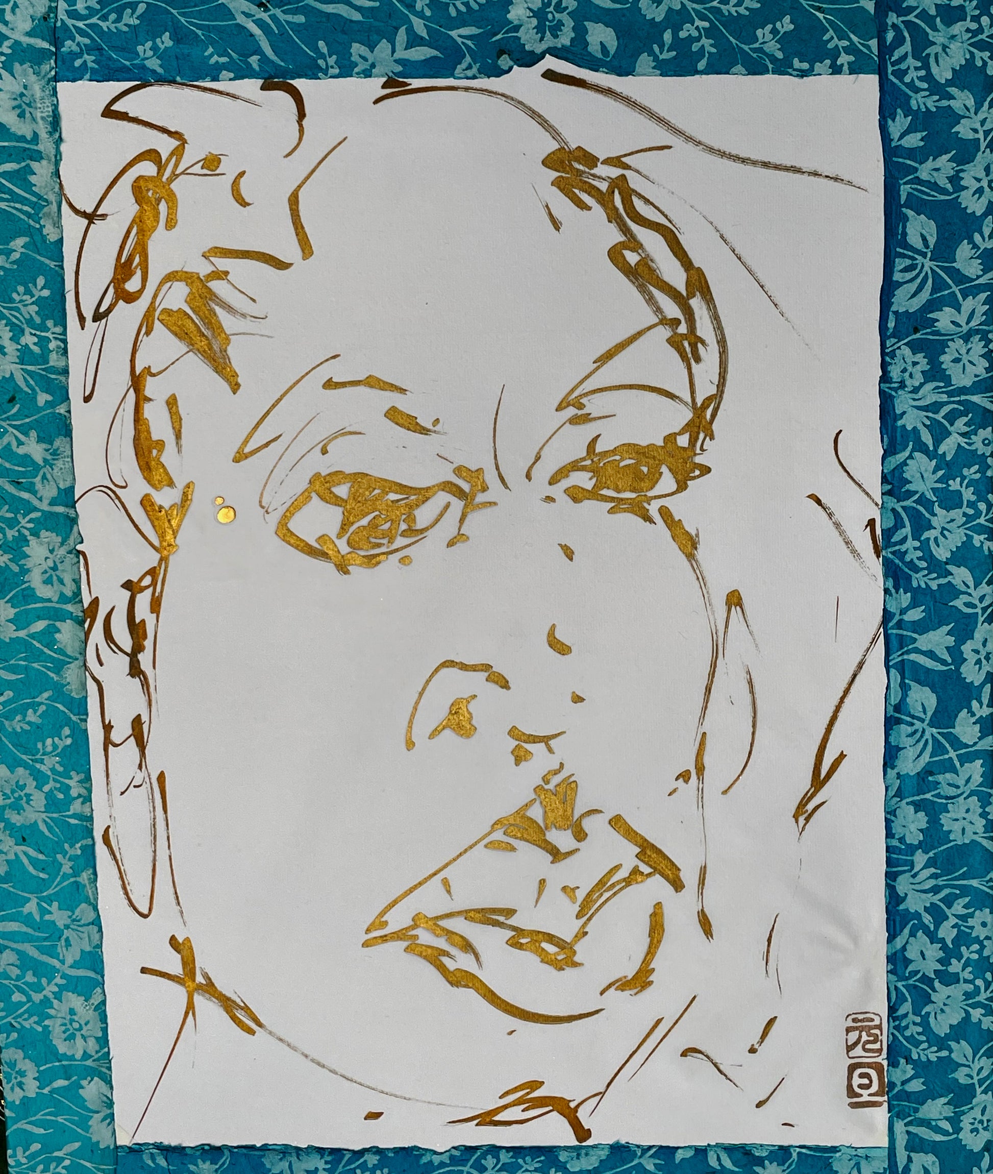 Full sheet of the gold portrait drawing showing the red artist's seal
