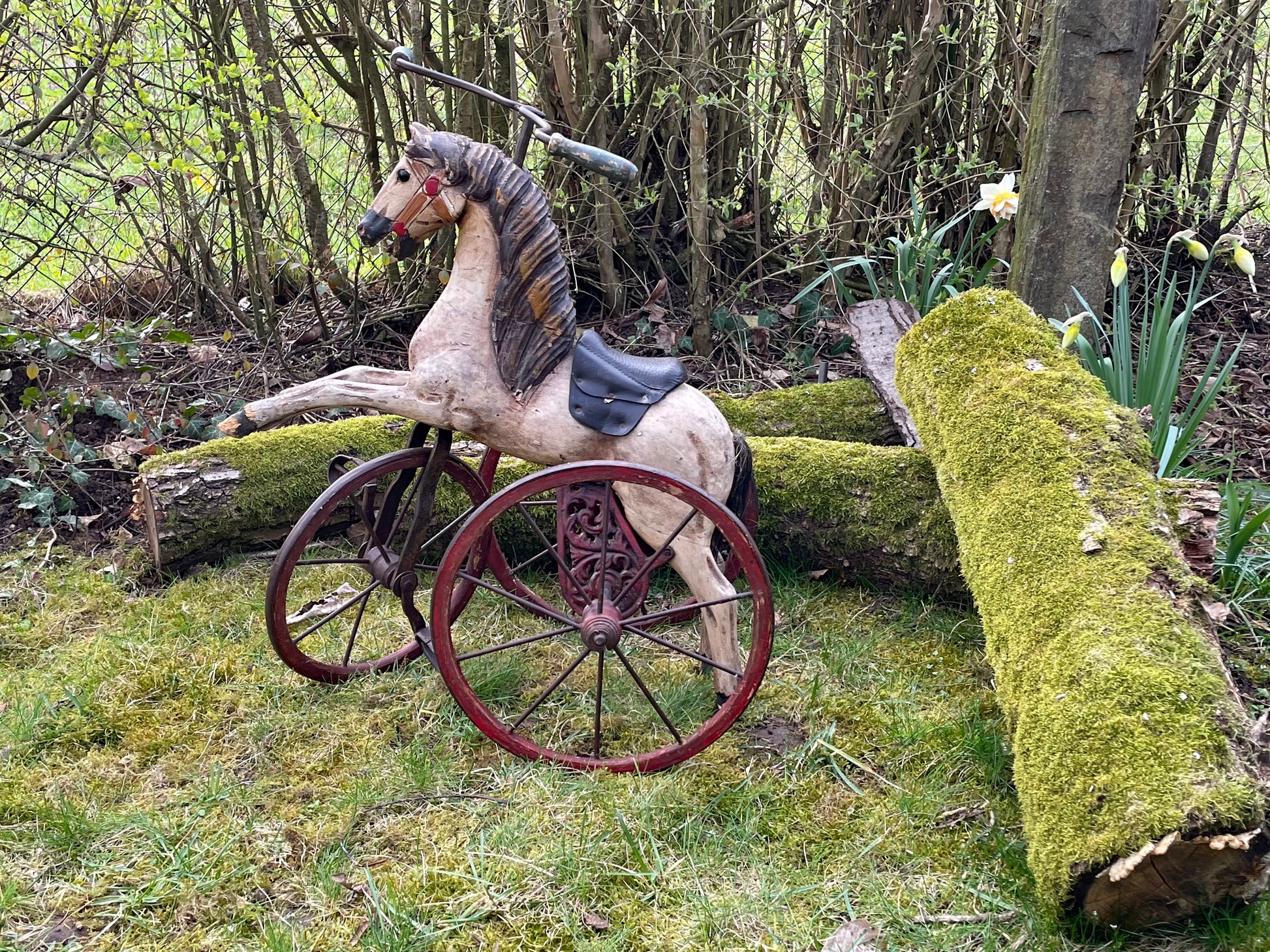 Antique 19th century French carved wood horse tricycle, full side profile on a cast iron velocipede frame with red spoked wheels