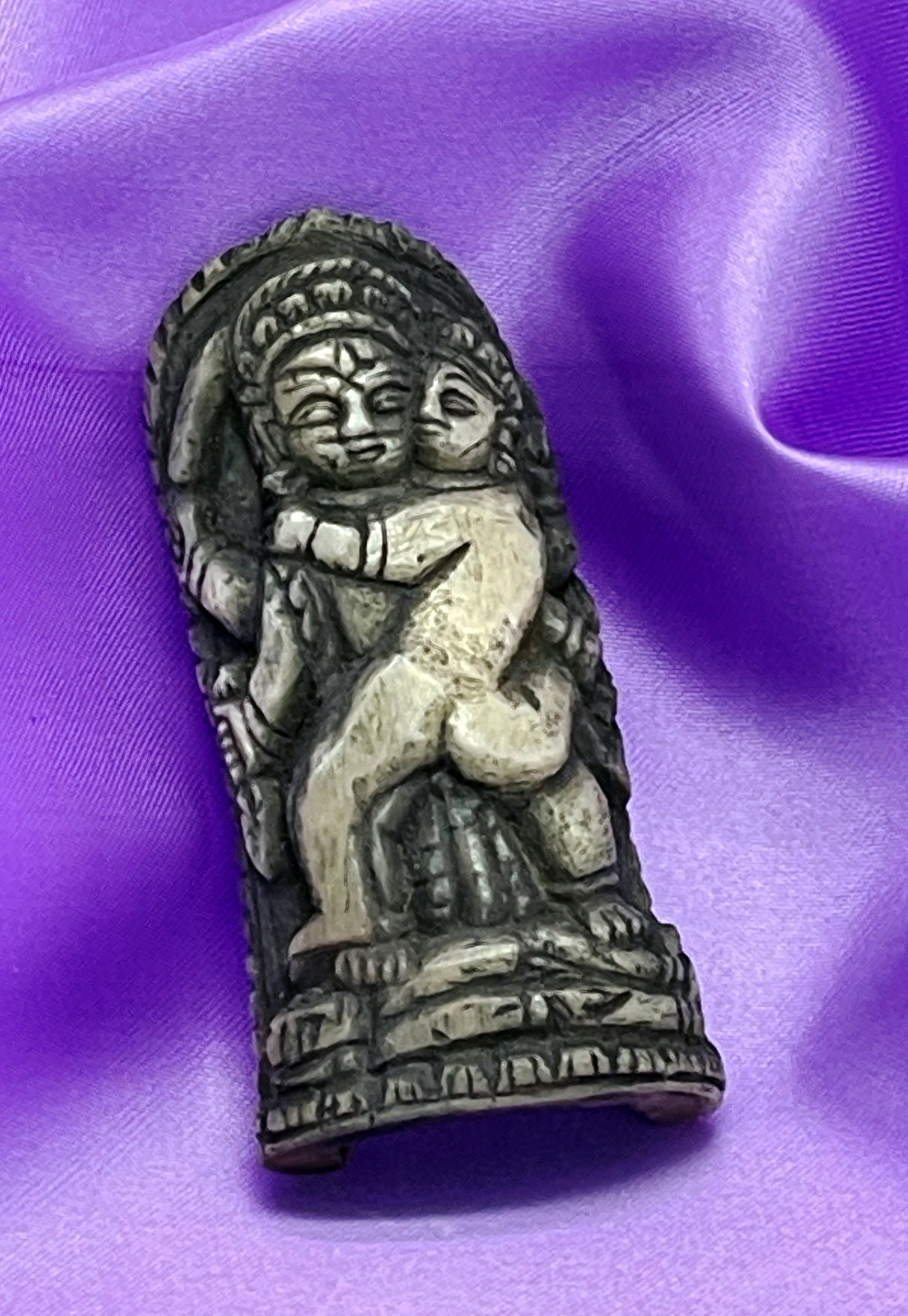 Antique Indian carved bone plaque with mythological offering scene