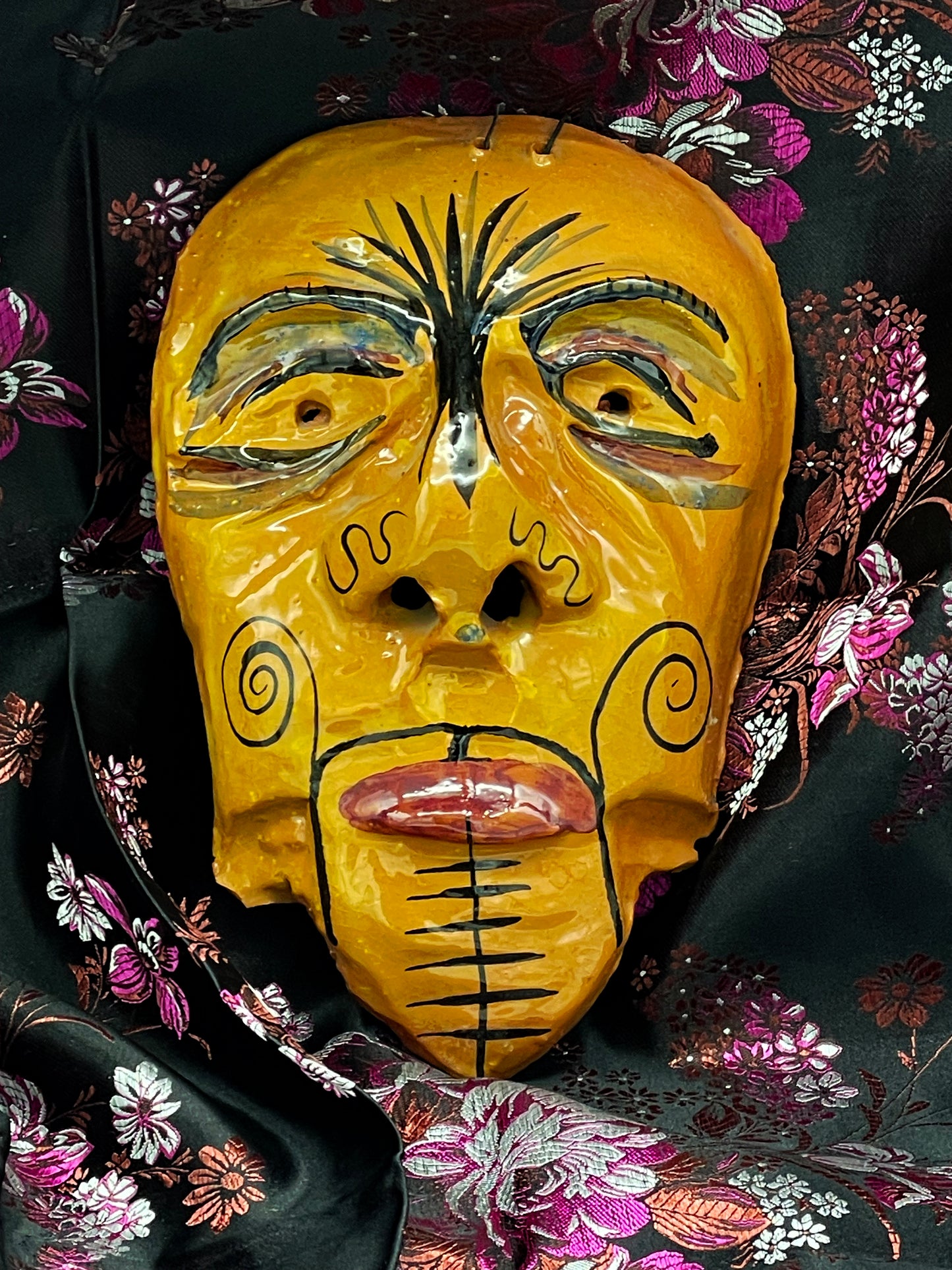 Balinese Terracotta Ceremonial Mask with Painted Tattoo Motifs