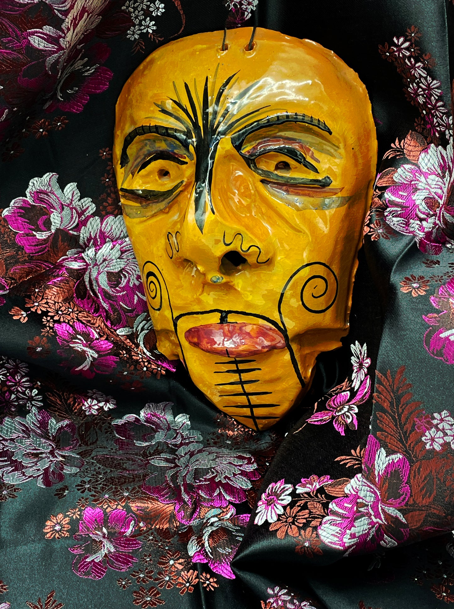 Balinese Terracotta Ceremonial Mask with Painted Tattoo Motifs