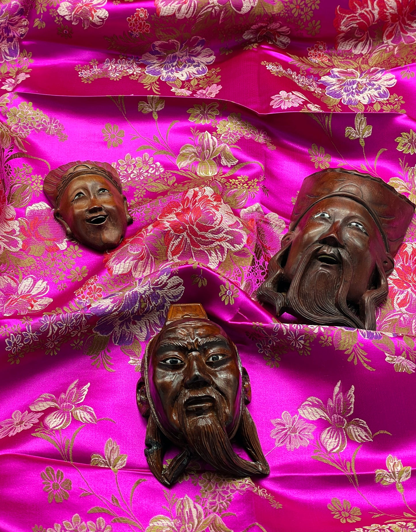 Set of Three Hand-Carved Chinese Opera Masks in Hardwood – Miniature Wall Sculptures