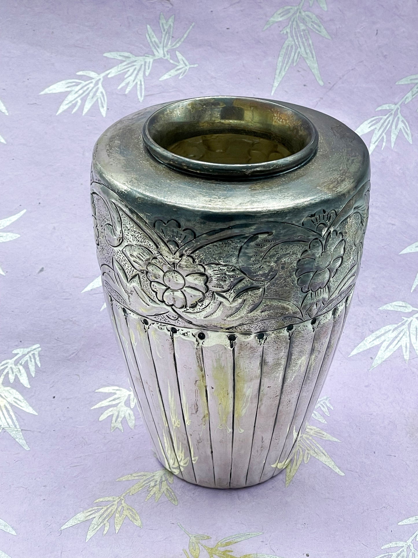 1930s Art Deco Silvered Metal Vase with Floral Repoussé and Fluted Body