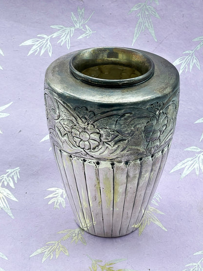 1930s Art Deco Silvered Metal Vase with Floral Repoussé and Fluted Body