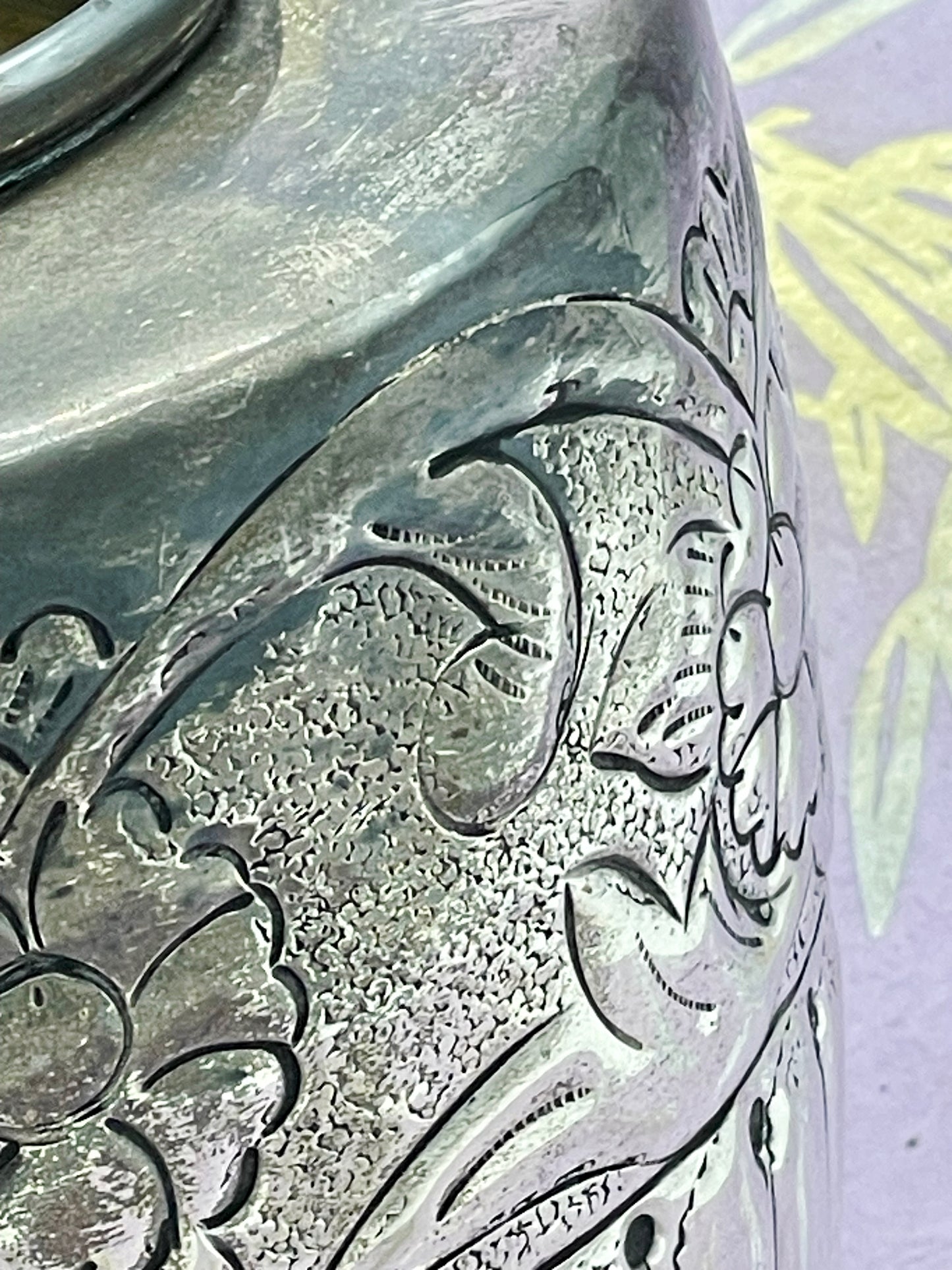 1930s Art Deco Silvered Metal Vase with Floral Repoussé and Fluted Body
