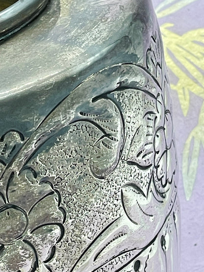 1930s Art Deco Silvered Metal Vase with Floral Repoussé and Fluted Body