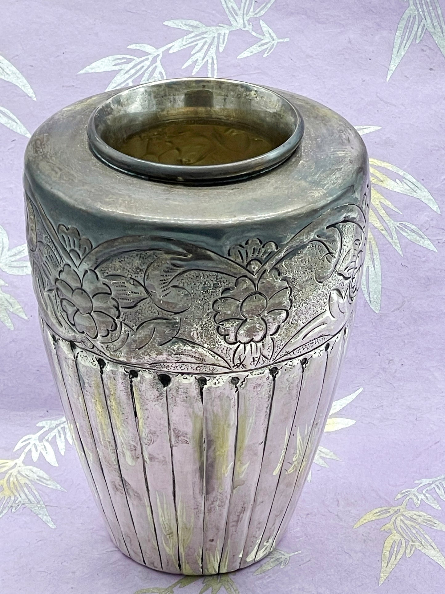 1930s Art Deco Silvered Metal Vase with Floral Repoussé and Fluted Body