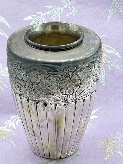 1930s Art Deco Silvered Metal Vase with Floral Repoussé and Fluted Body