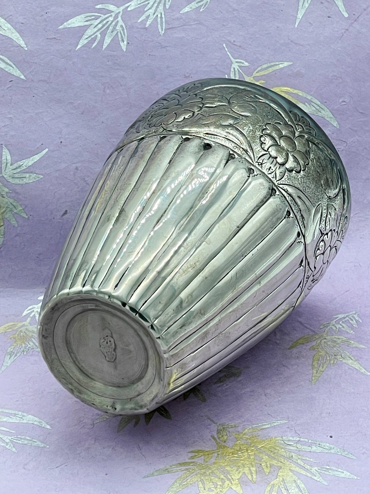 1930s Art Deco Silvered Metal Vase with Floral Repoussé and Fluted Body