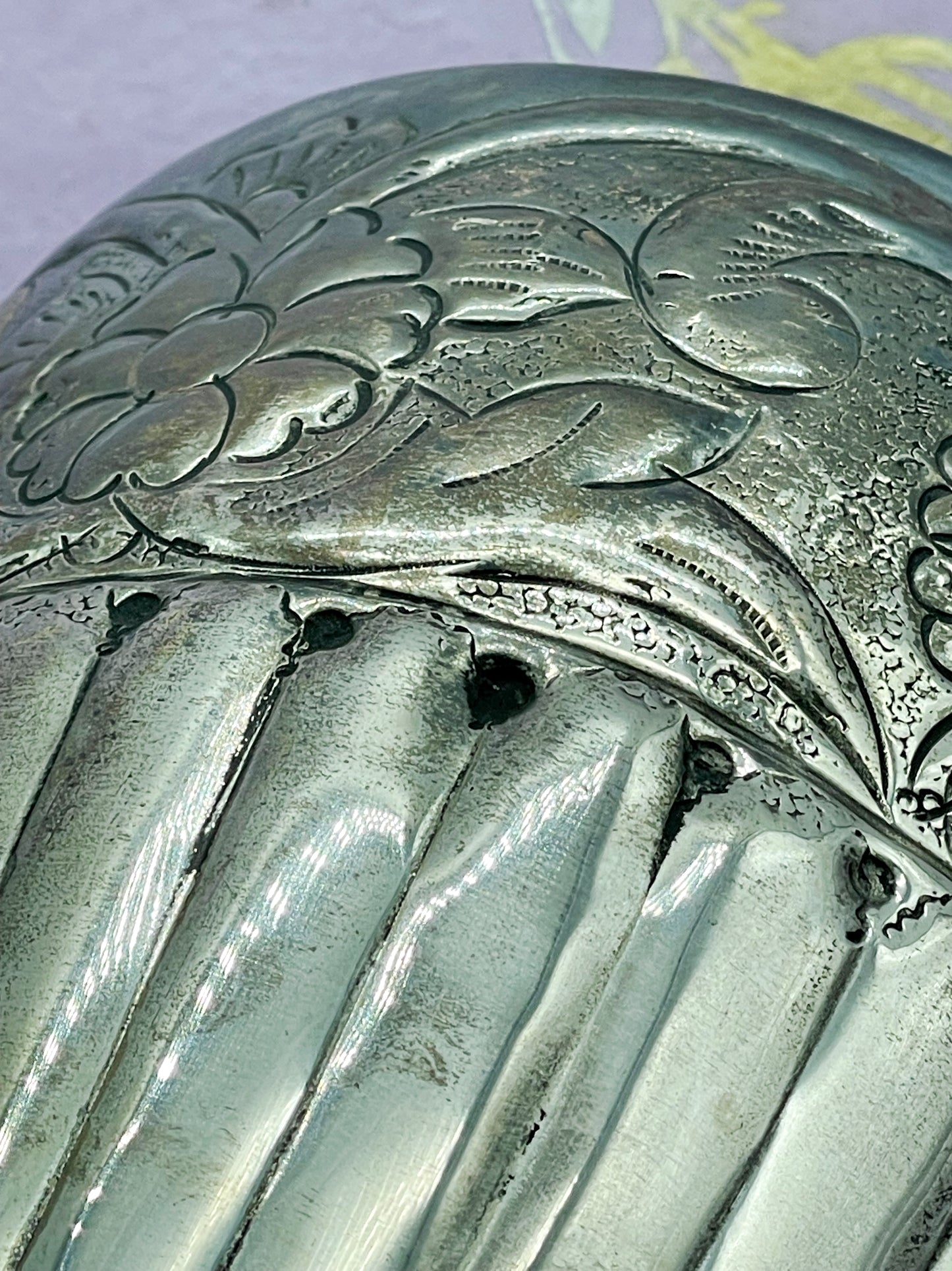 1930s Art Deco Silvered Metal Vase with Floral Repoussé and Fluted Body