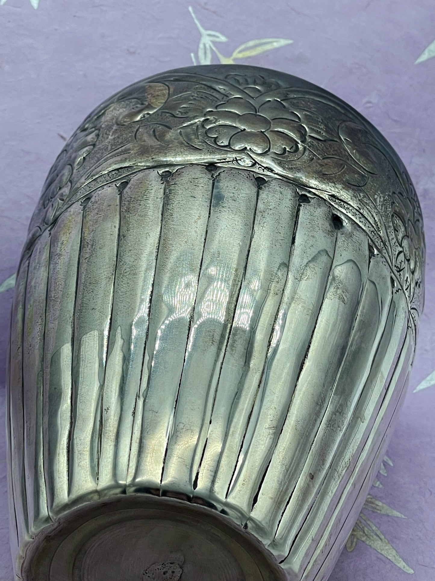 1930s Art Deco Silvered Metal Vase with Floral Repoussé and Fluted Body