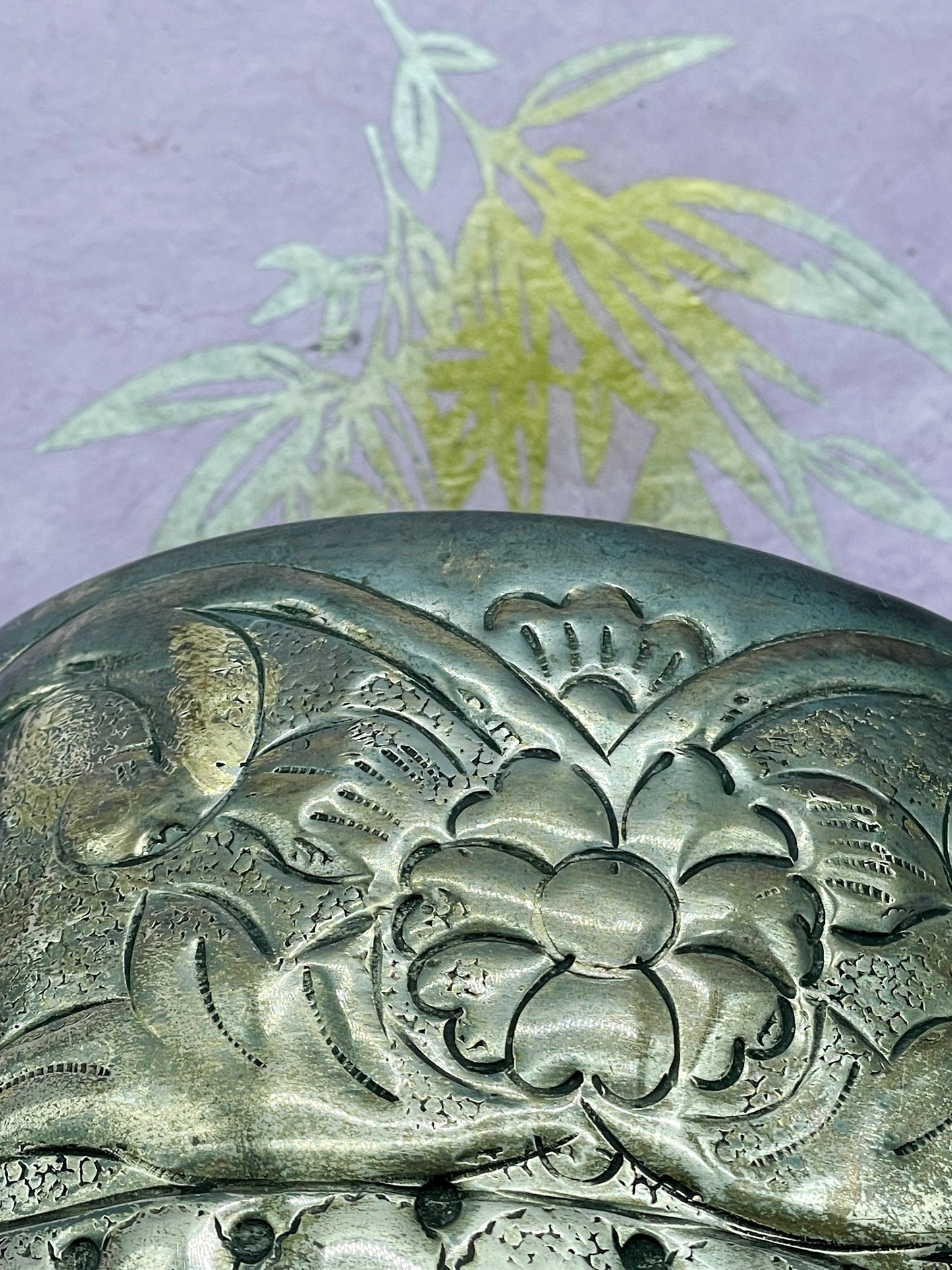 1930s Art Deco Silvered Metal Vase with Floral Repoussé and Fluted Body