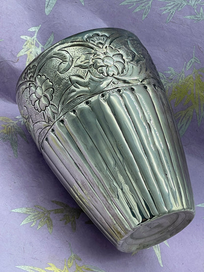 1930s Art Deco Silvered Metal Vase with Floral Repoussé and Fluted Body