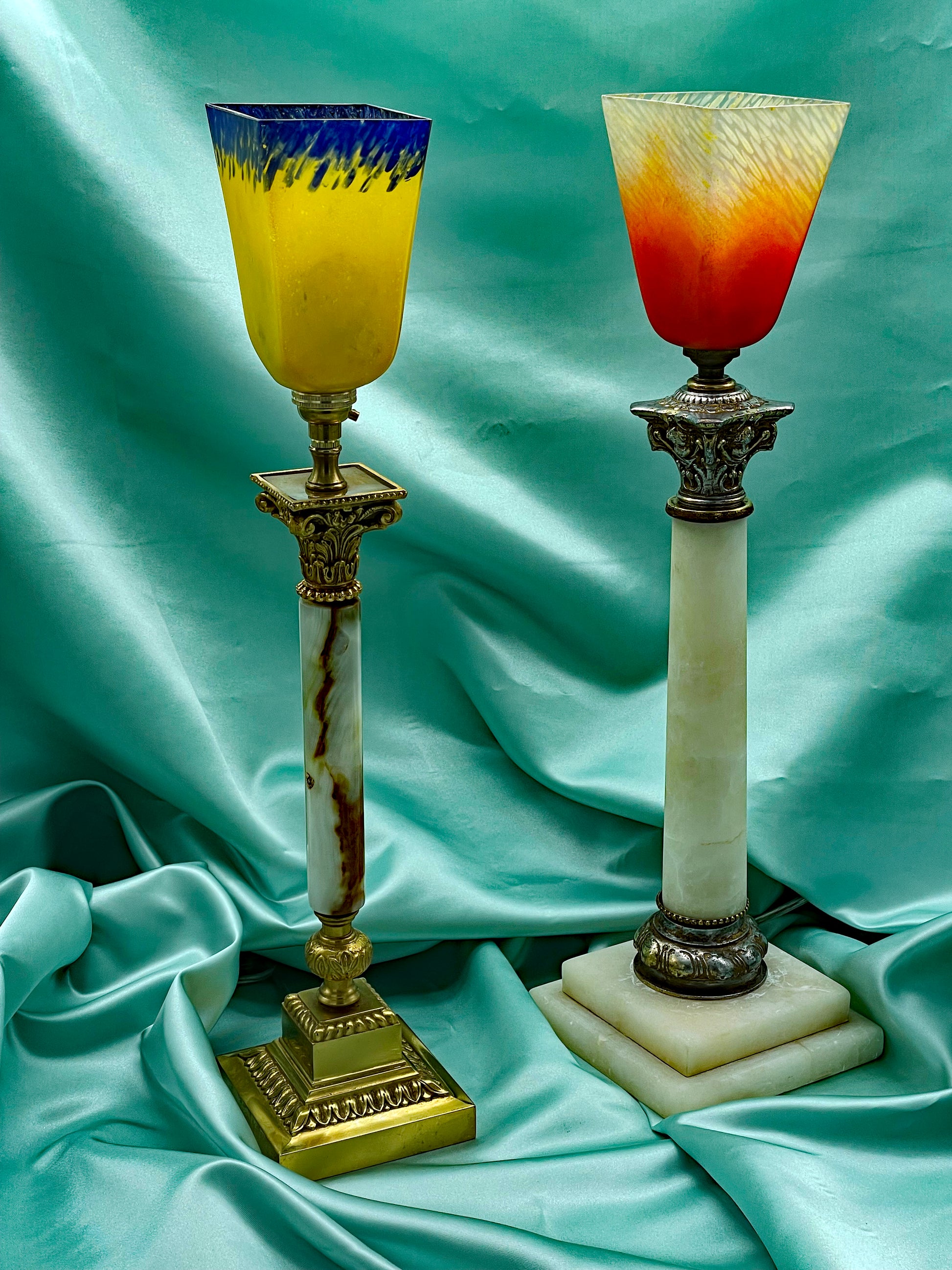 Pair of Art Deco marble and onyx table lamps with pate de verre tulip shades