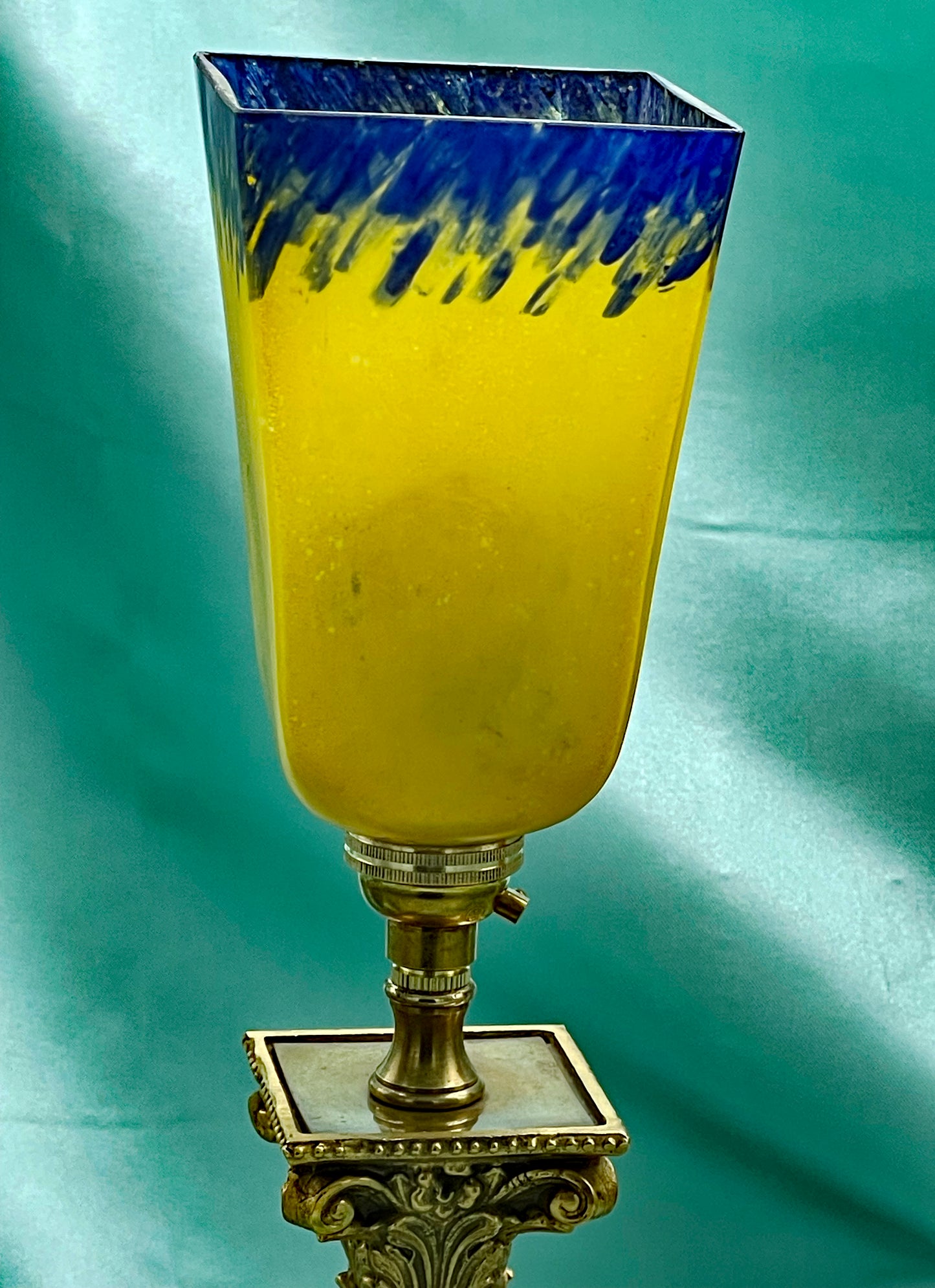 Art Deco onyx lamp with blue and yellow pate de verre tulip shade