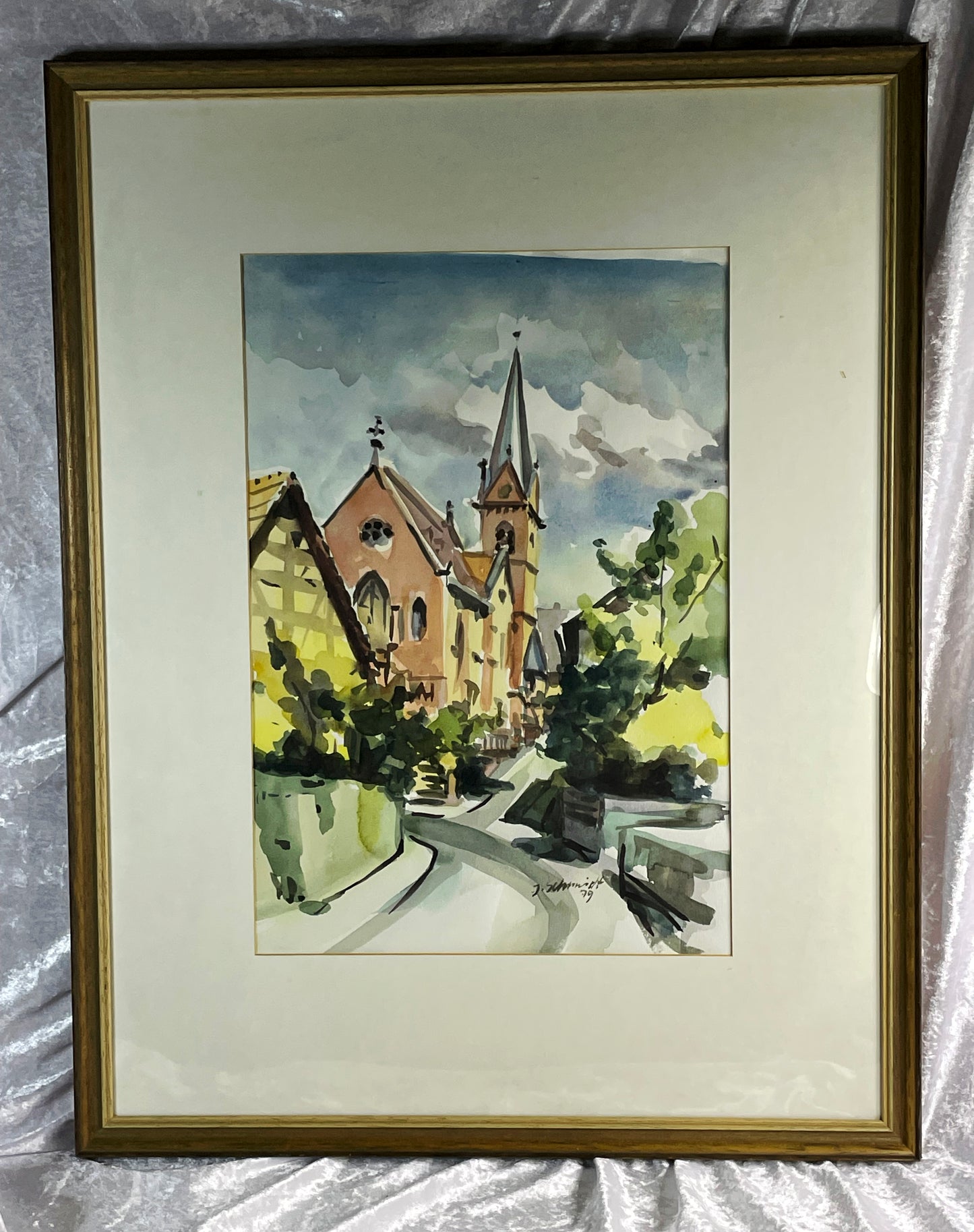 German village church watercolour painting framed under glass