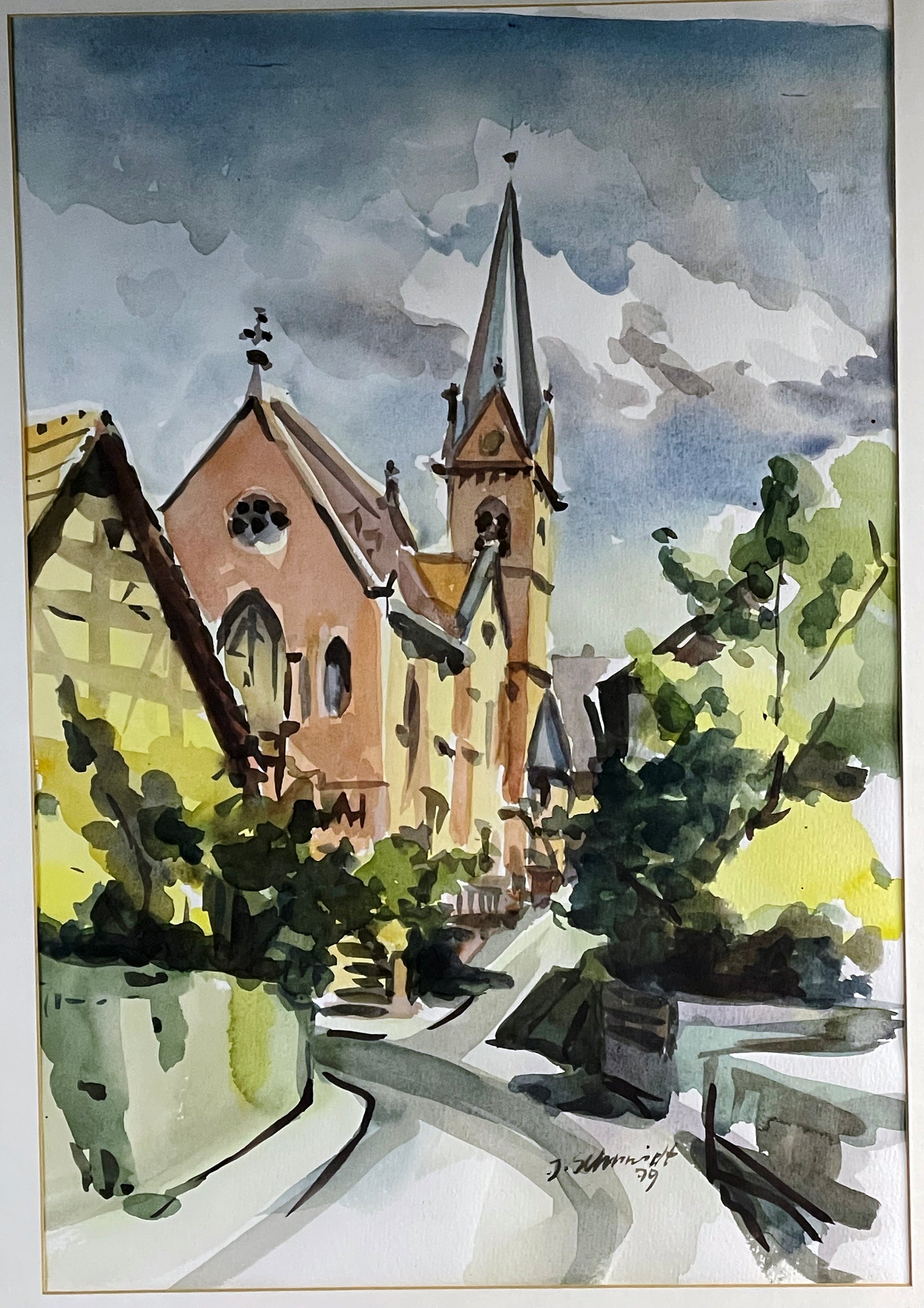 Detail of half-timbered house and church spire in J. Schmidt watercolour