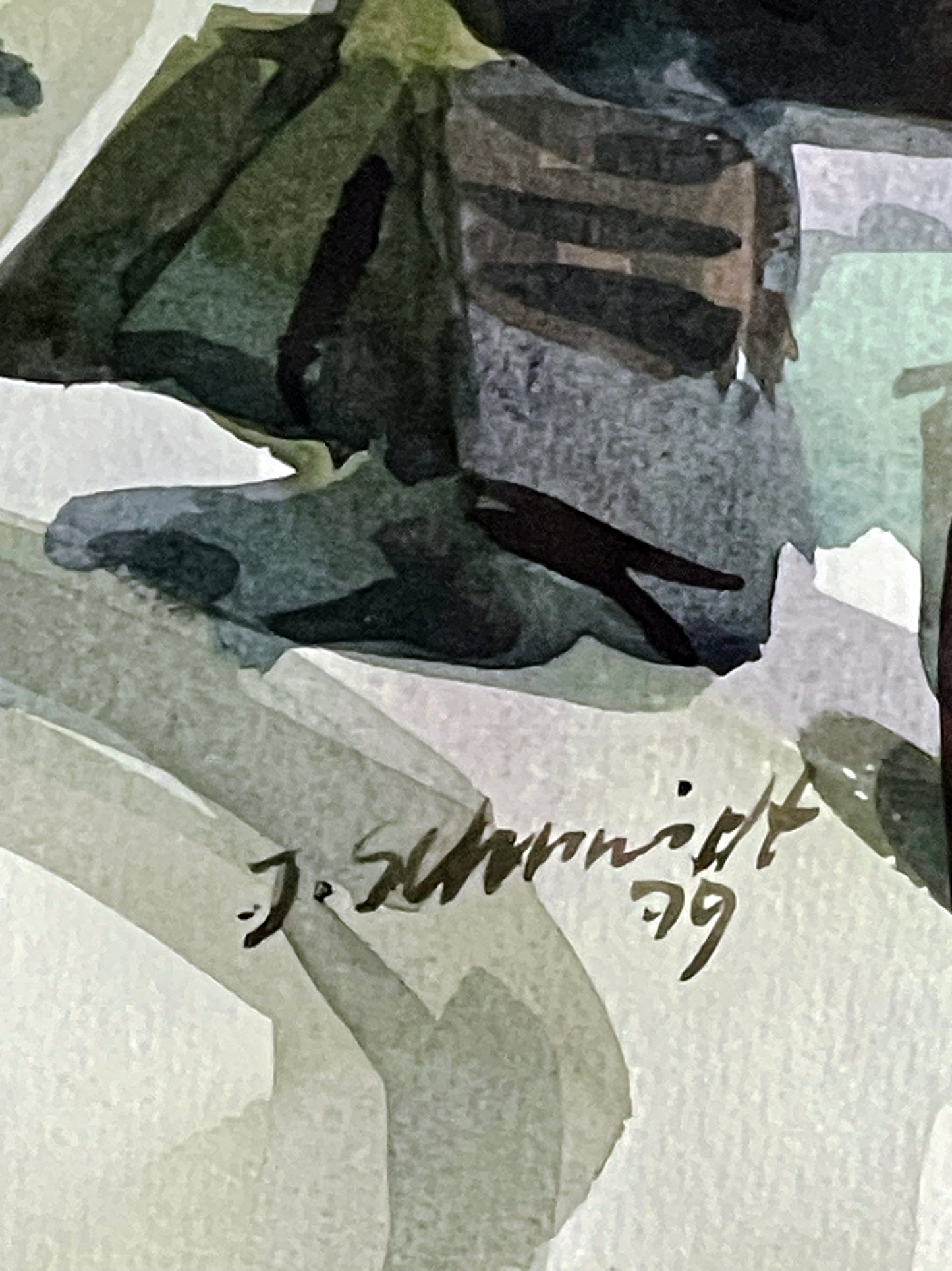 Watercolour brushwork detail of village lane and trees