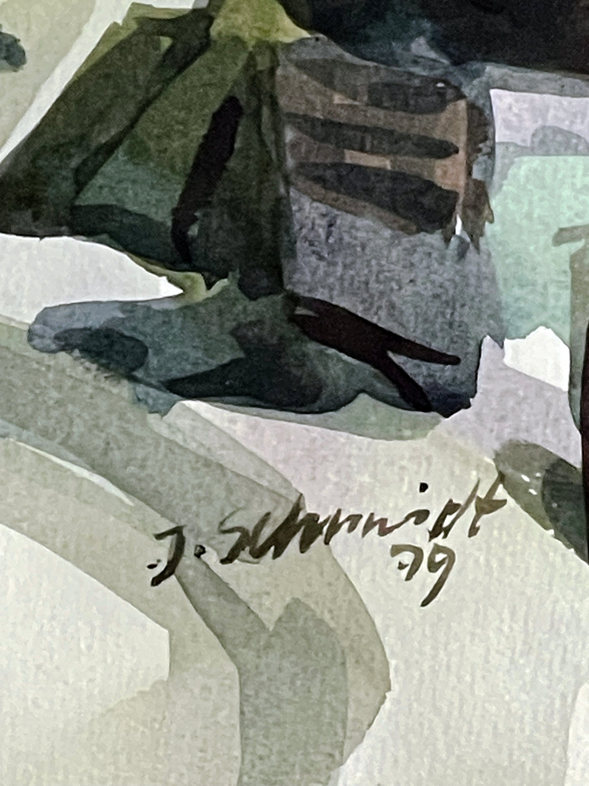 Watercolour brushwork detail of village lane and trees