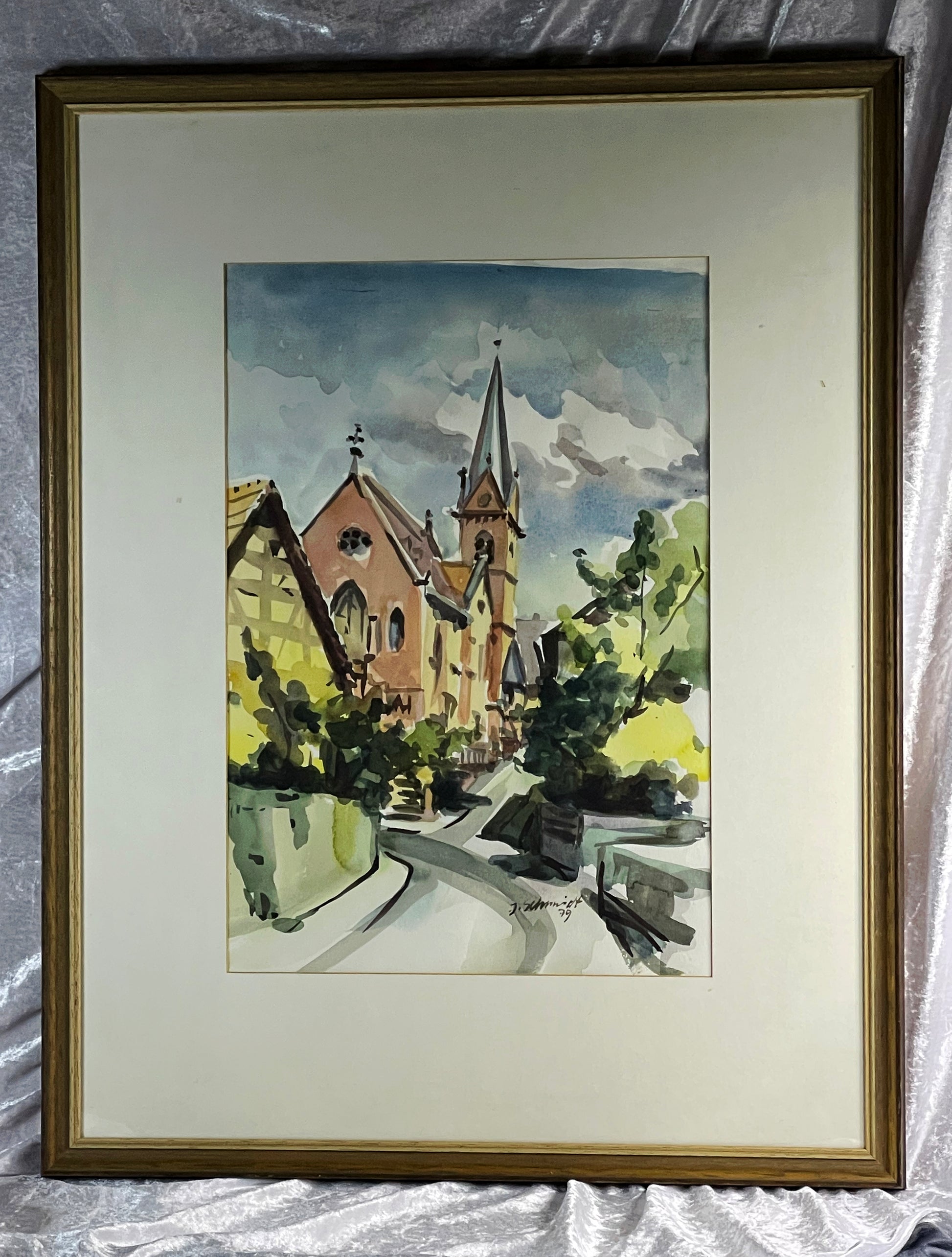 Original 1978 watercolour Souvenir aus Deutschland by J. Schmidt in wooden frame