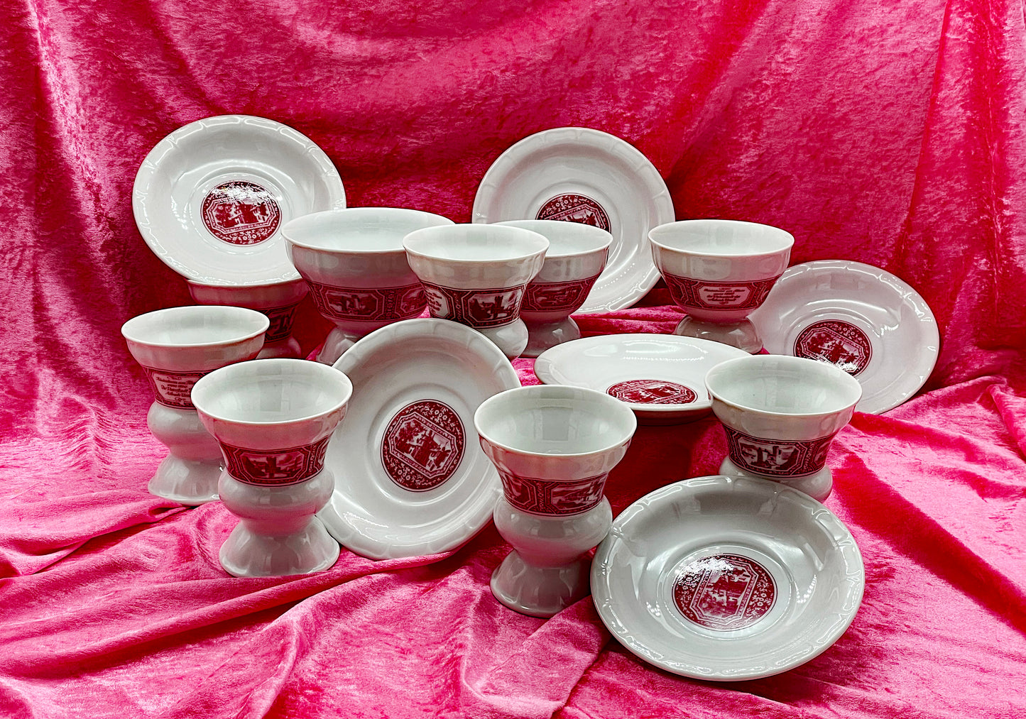 Heinrich porcelain 14-piece Rüdesheim Asbach Uralt liqueur service in red transferware