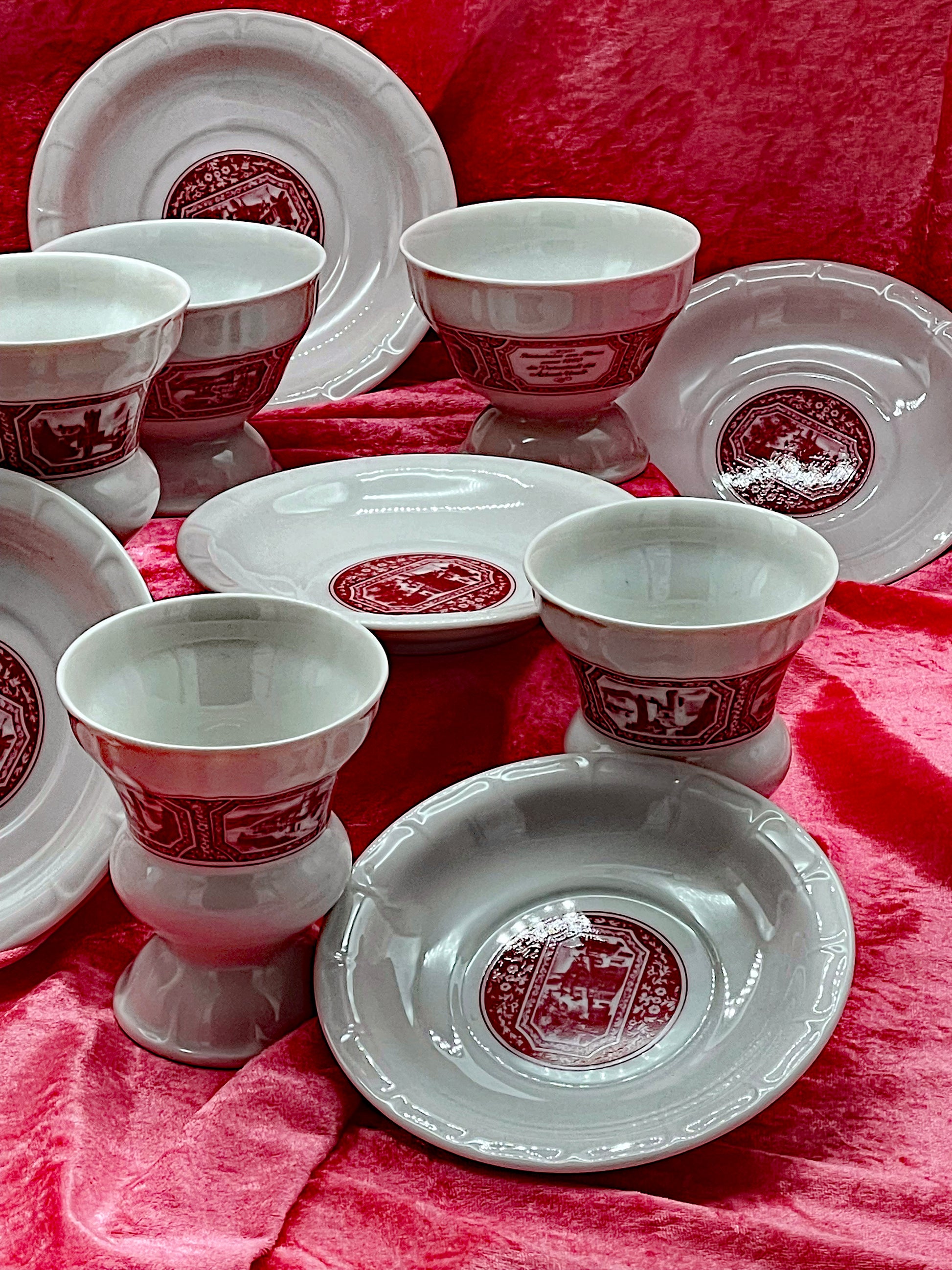 Red and white German porcelain Rüdesheim decorated cups