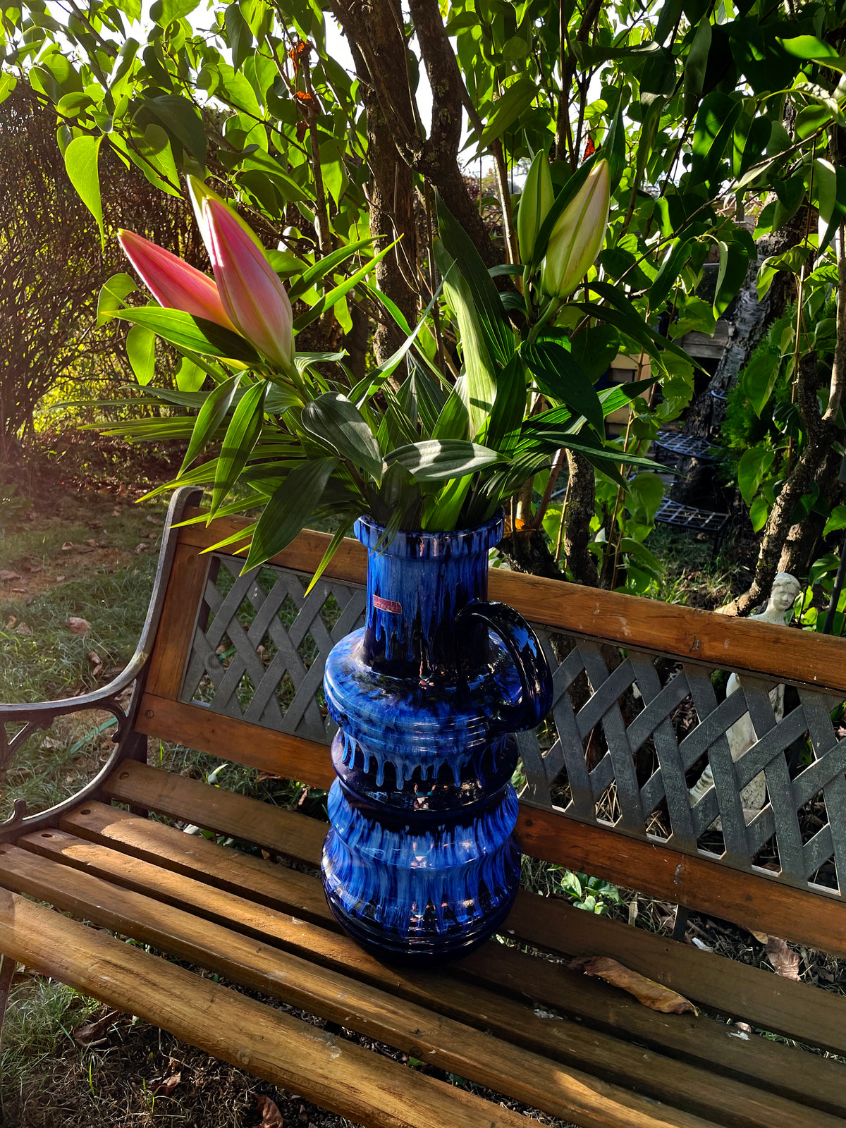 Scheurich cobalt blue handled vase, side view