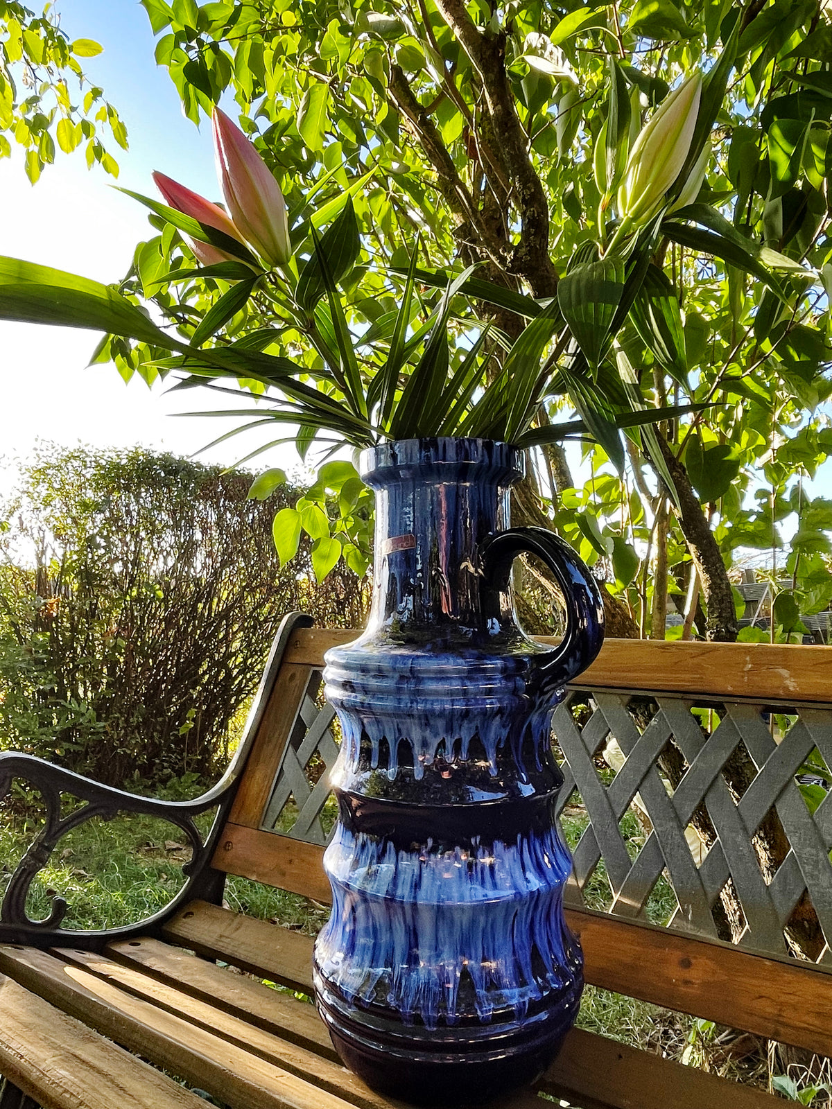 Large Scheurich Fat Lava handled floor vase in cobalt blue drip glaze, West Germany