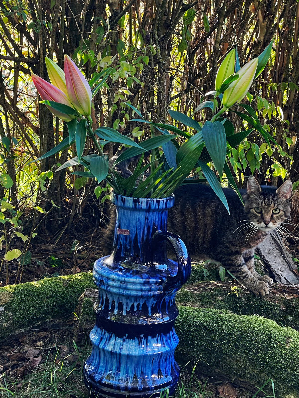 Scheurich Fat Lava floor vase showing tiered ribbed body and loop handle