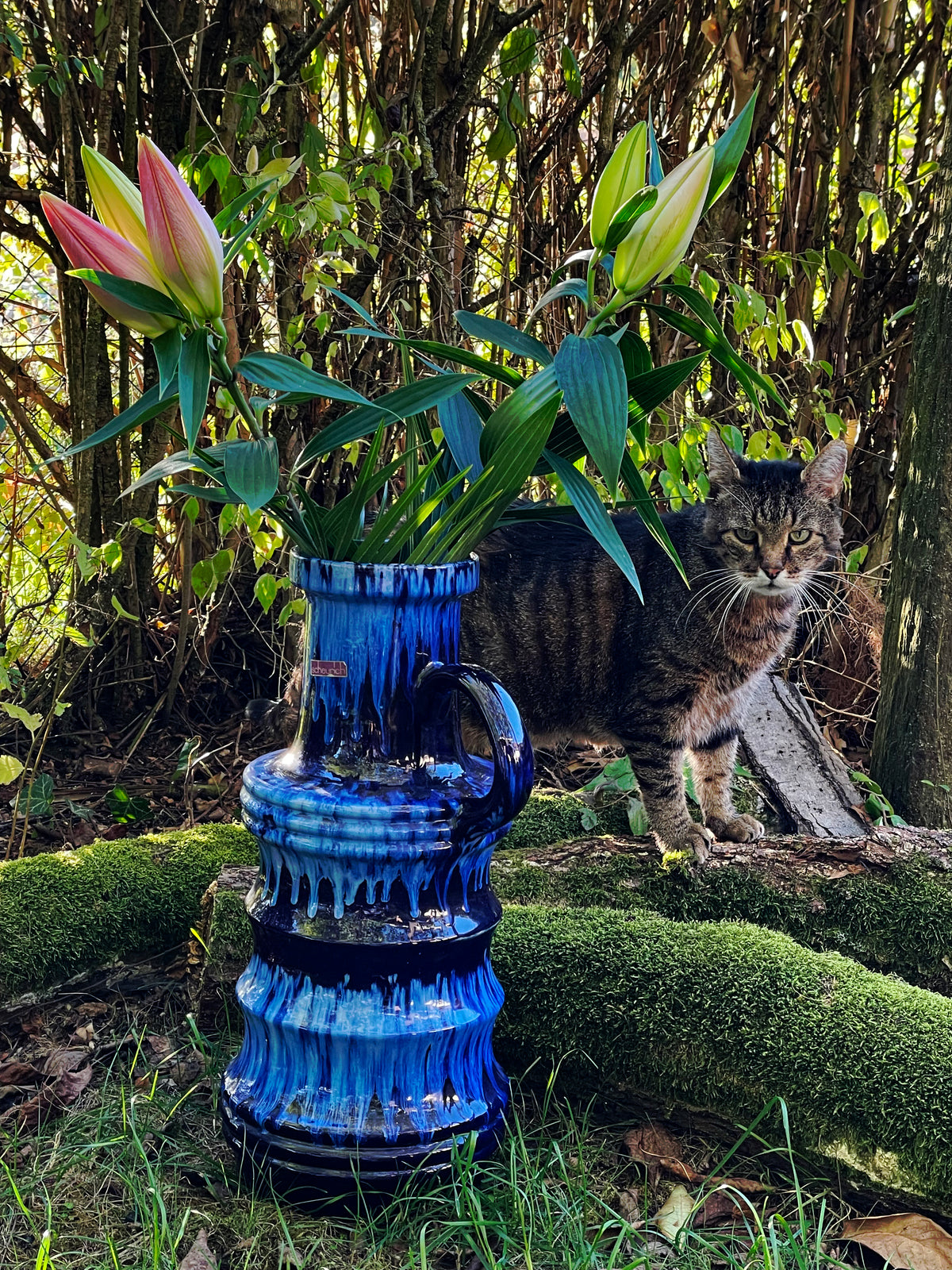 Scheurich blue handled vase, alternate angle
