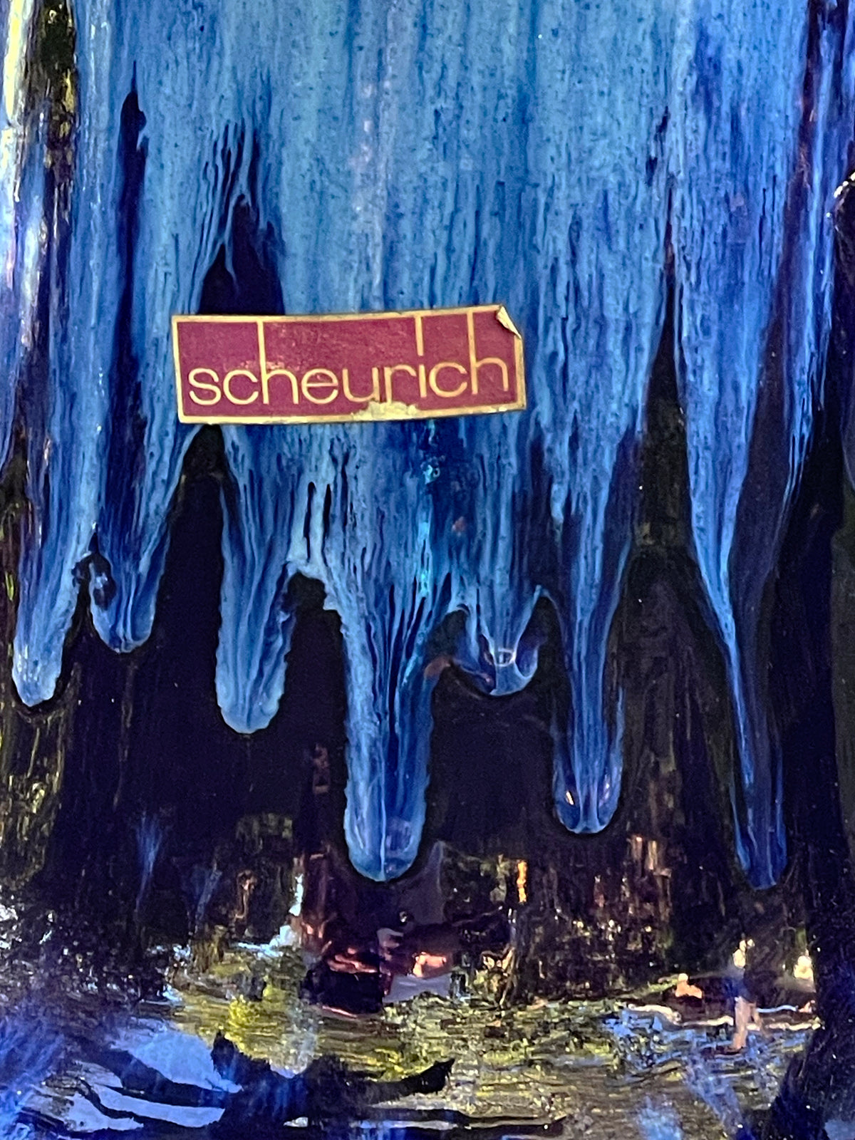 Original gold and burgundy Scheurich foil label on blue drip glaze