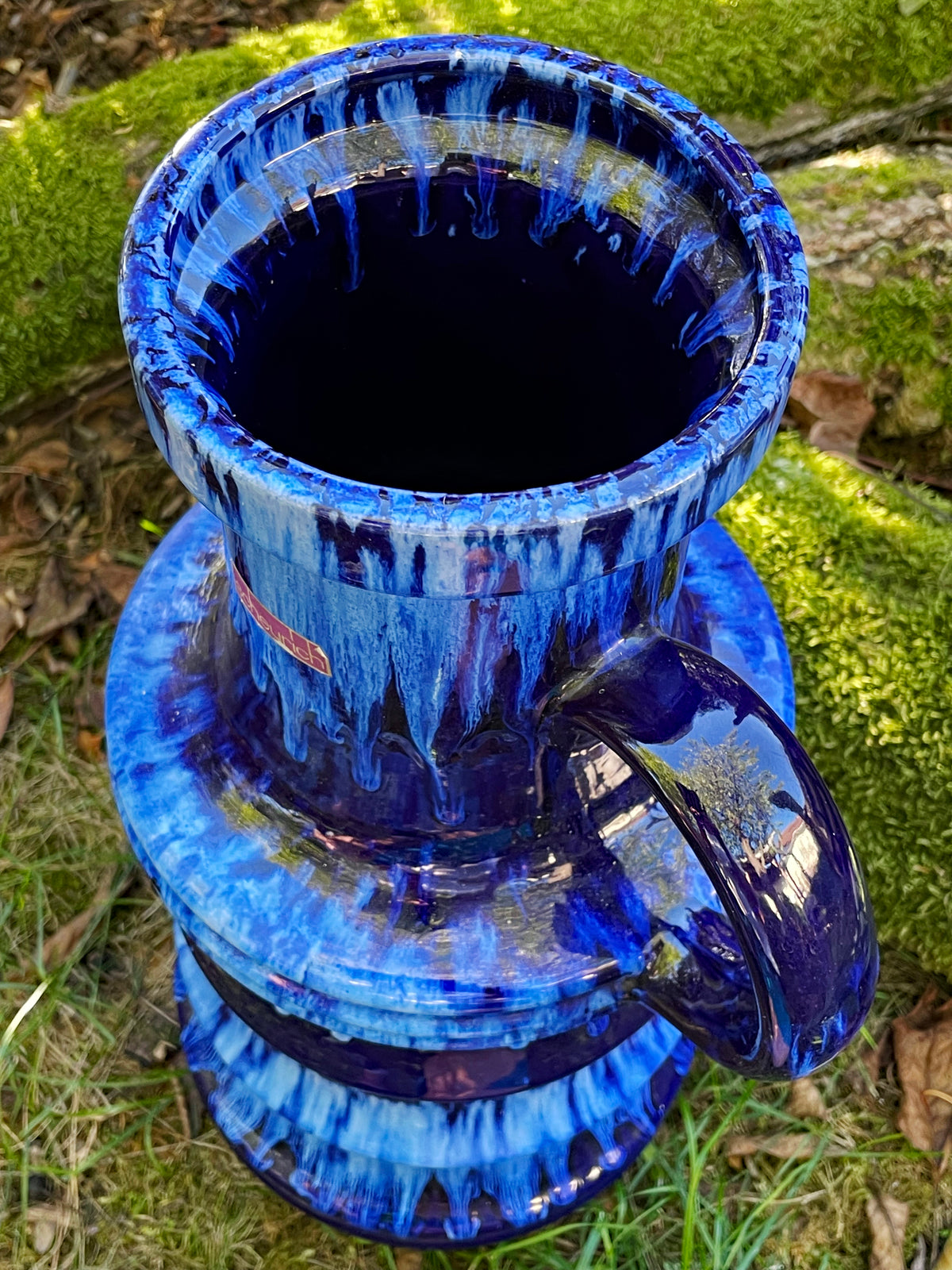 Top view of Scheurich vase showing blue drip glaze rim and handle