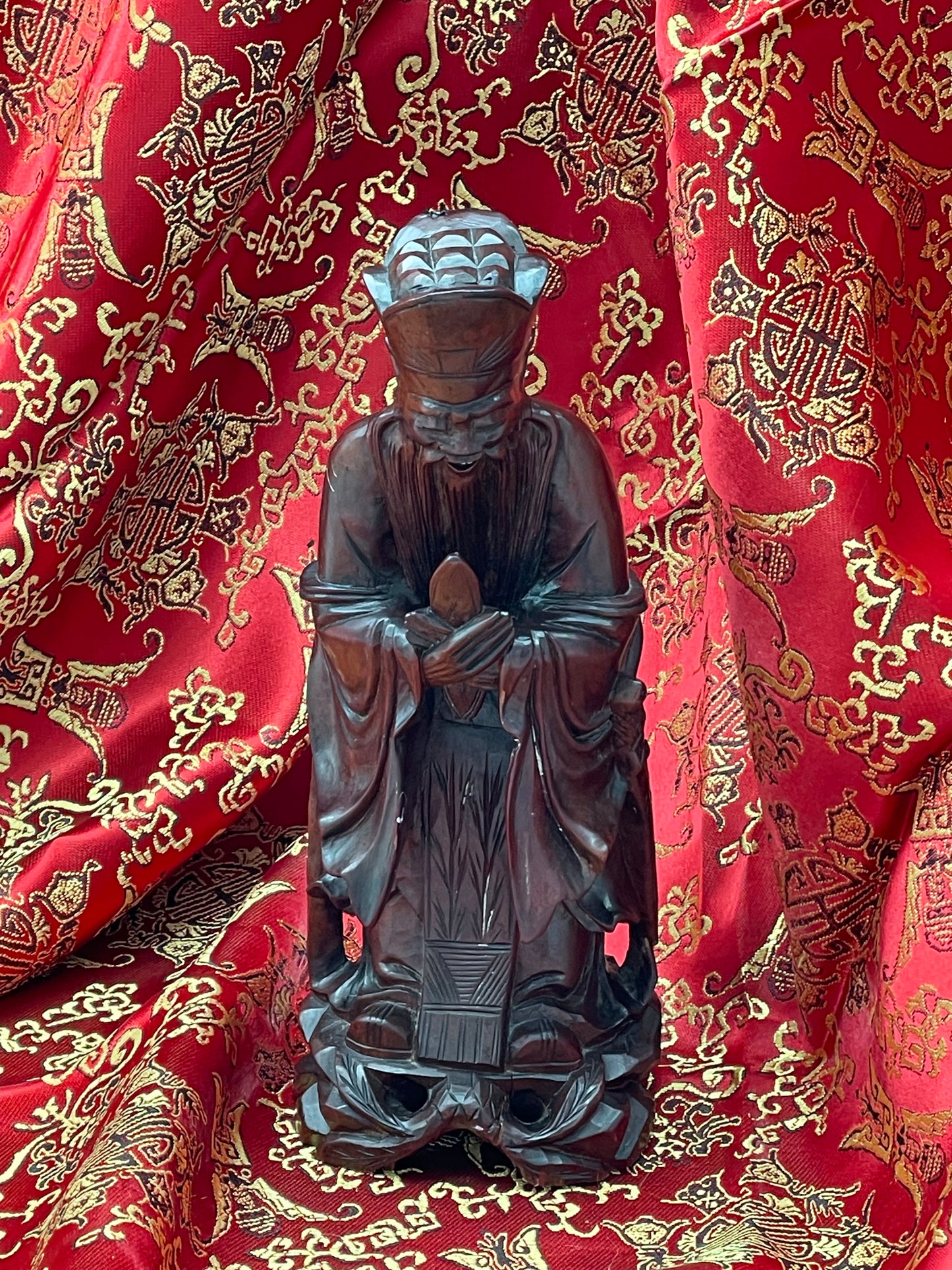 Antique Chinese carved wood Confucius sculpture, front view