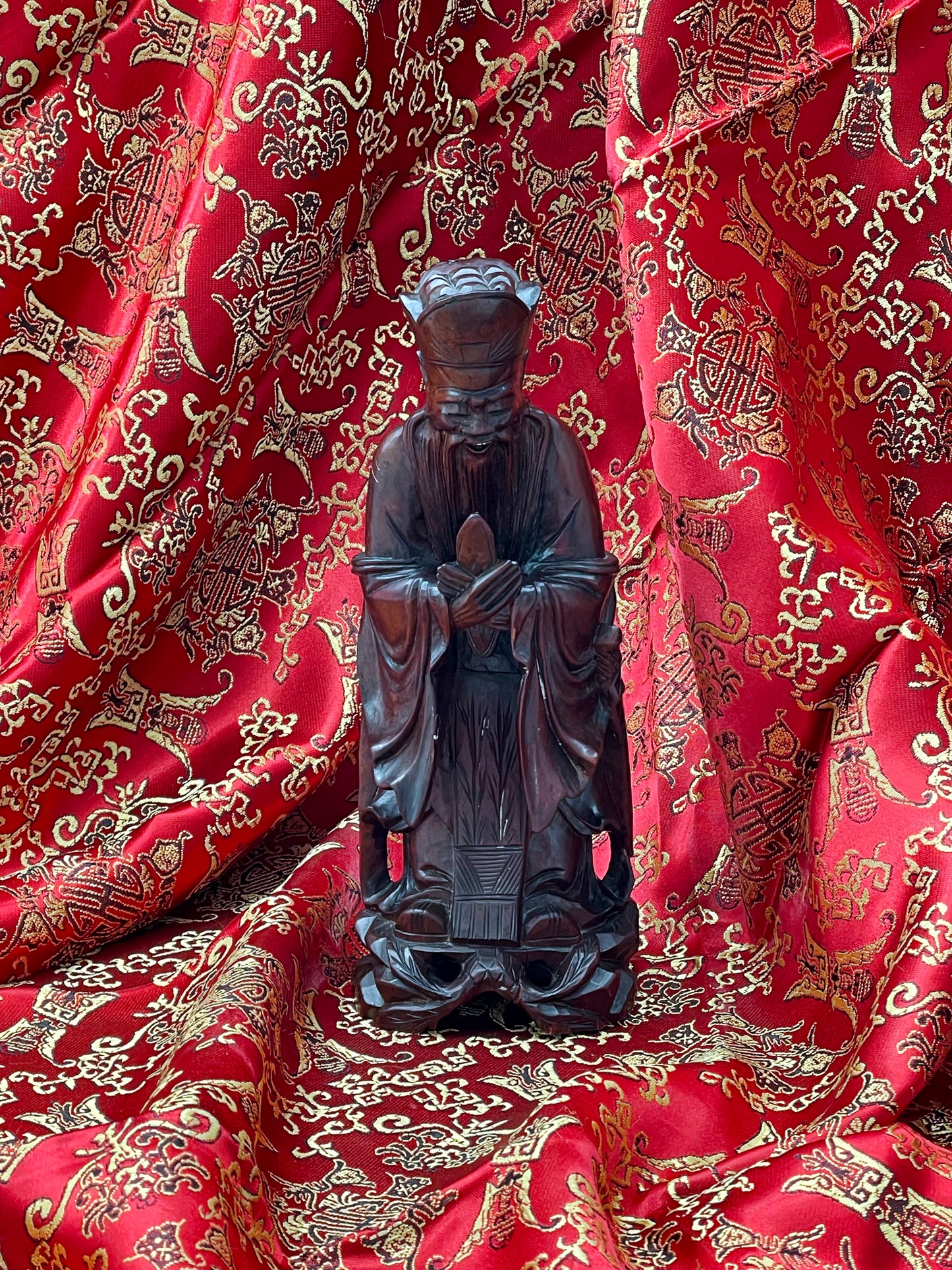 Chinese wood sculpture of Confucius, robed scholar