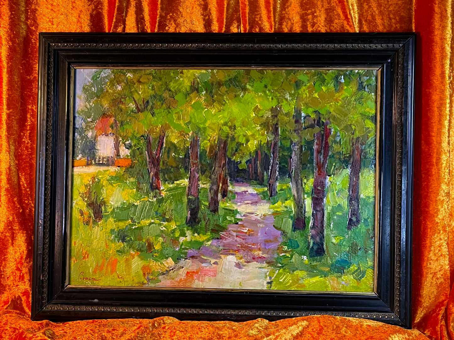 Stefan Boca Alee in parc original oil painting of a sunlit park alley in dark frame
