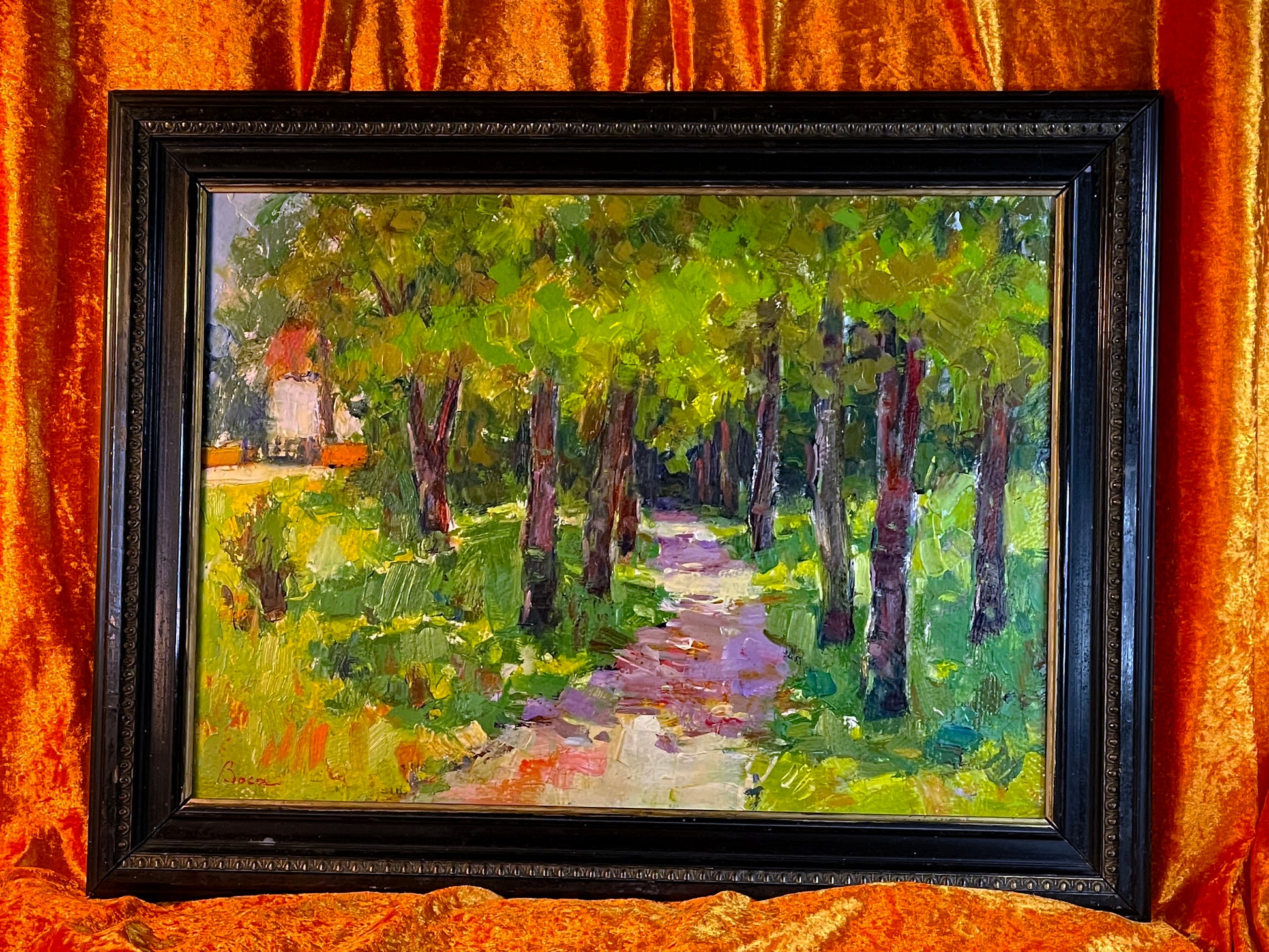 Stefan Boca Alee in parc original oil painting of a sunlit park alley in dark frame