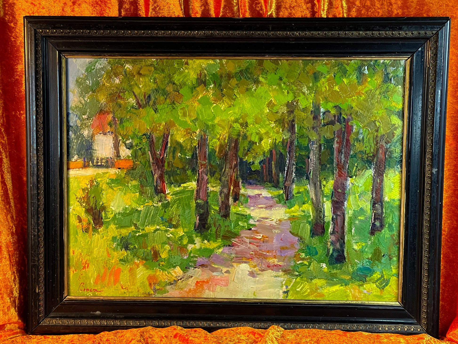 Detail of impasto brushwork in Stefan Boca park landscape painting