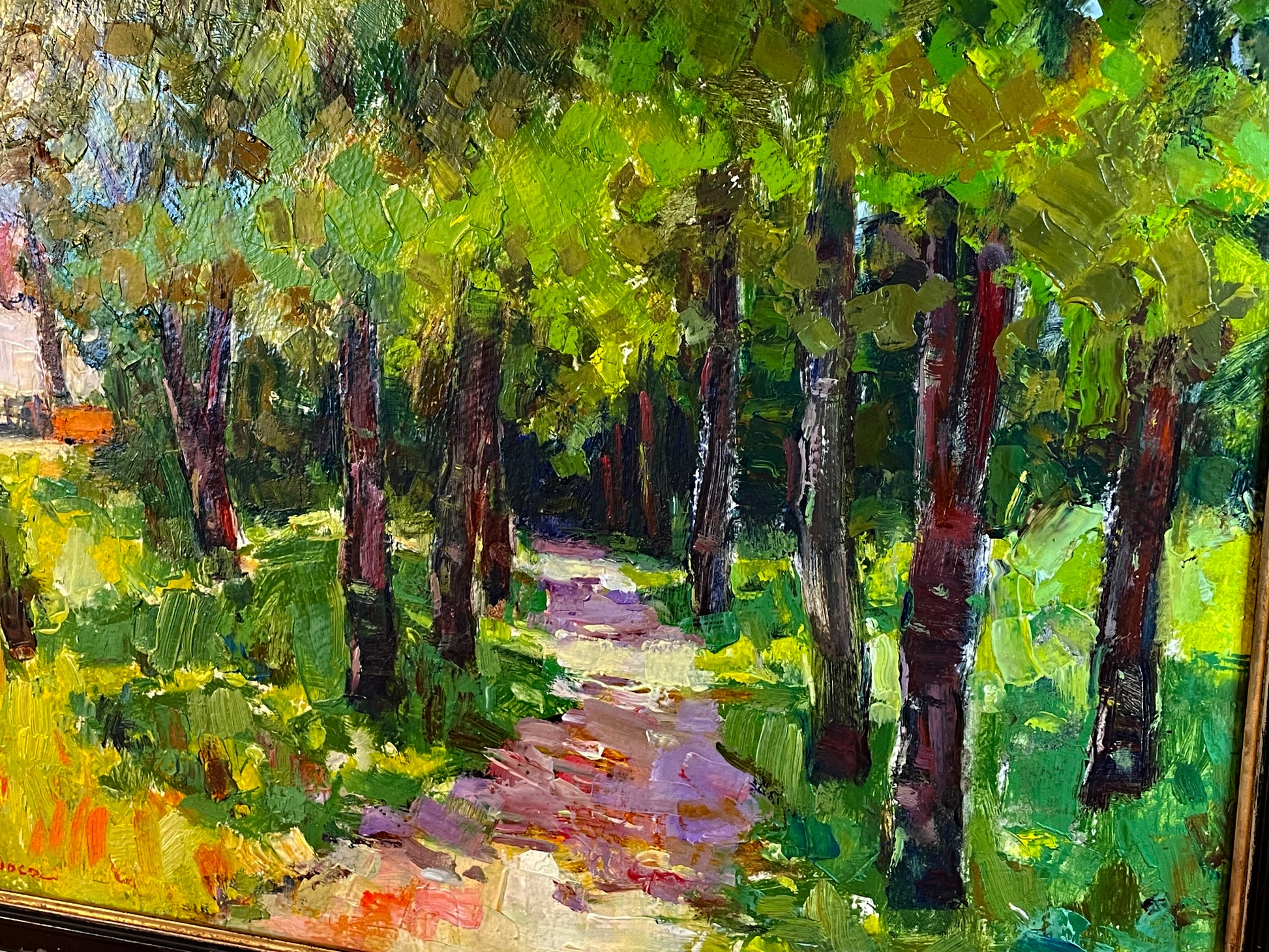 Side angle of framed Boca park alley painting