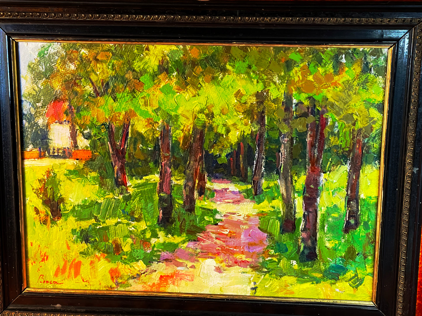 Texture and colour detail of Boca oil on cardboard landscape