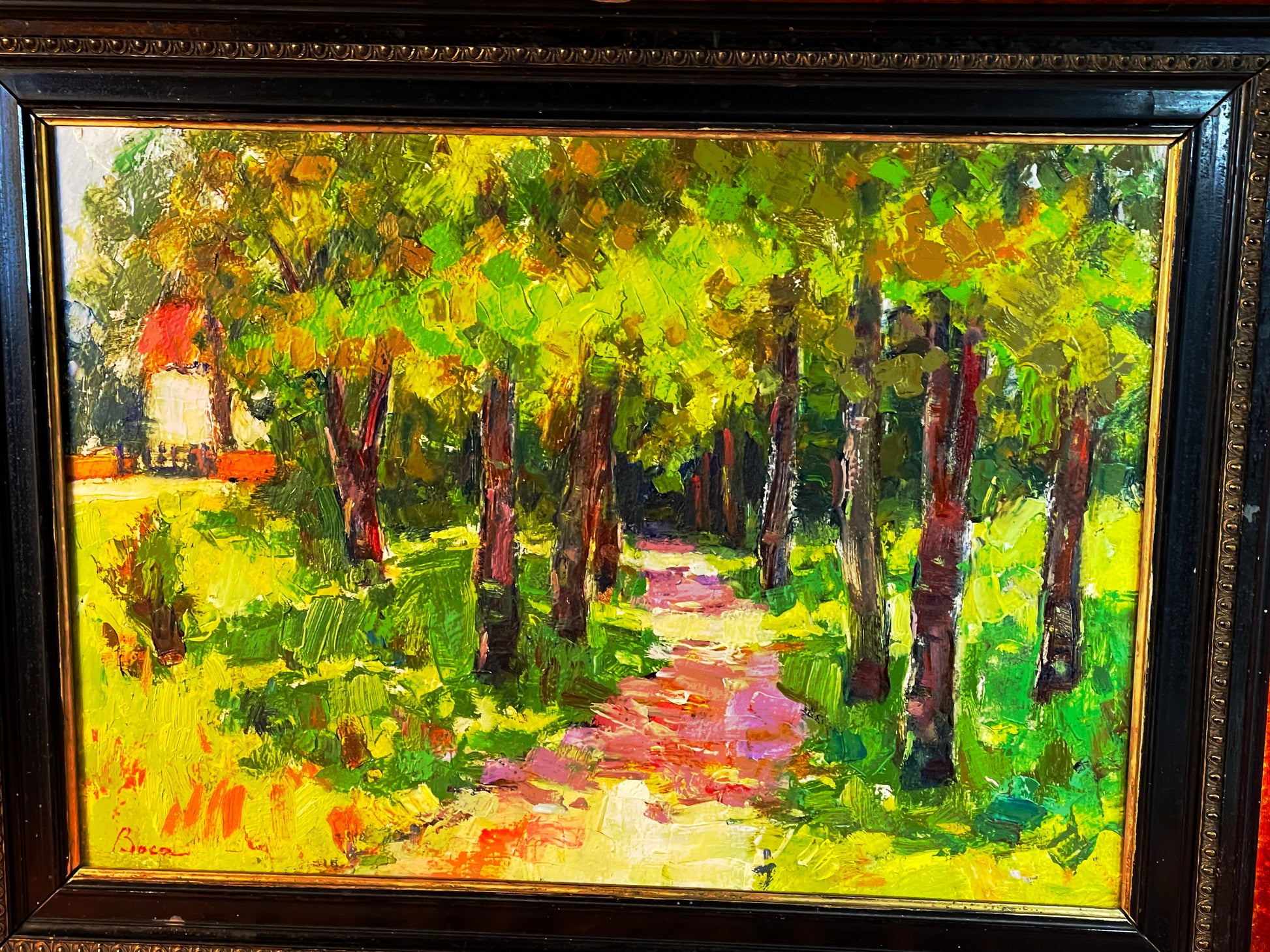 Texture and colour detail of Boca oil on cardboard landscape