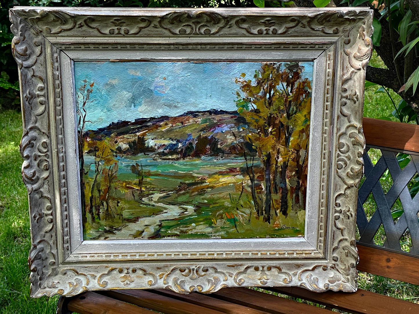 Ștefan Boca "Toamnă" Autumn Landscape Oil Painting in Antique French Frame, Signed Romanian Impressionist Art